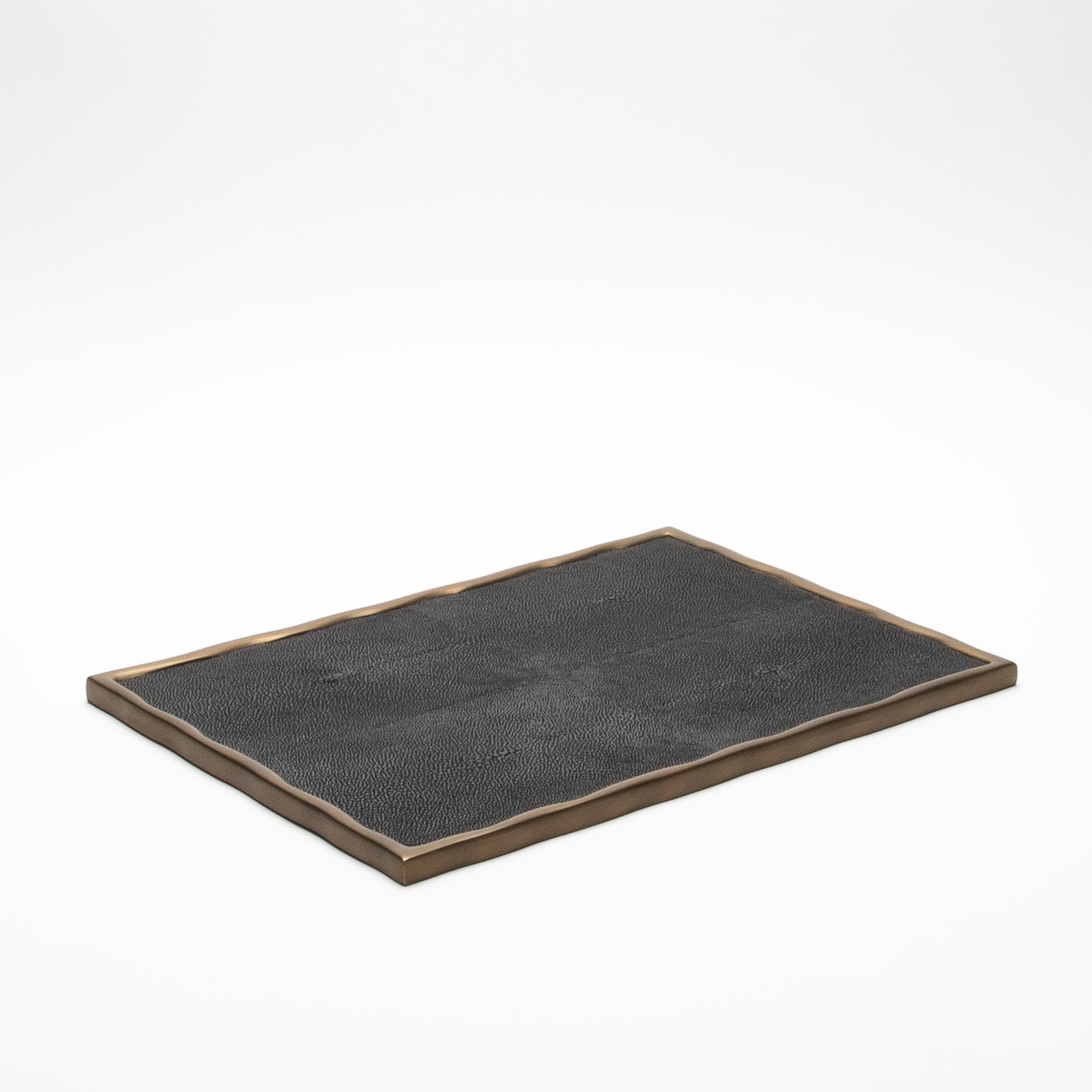 Art Deco Rectangular Melting Tray in Shagreen with Bronze Patina Brass by R&Y Augousti For Sale
