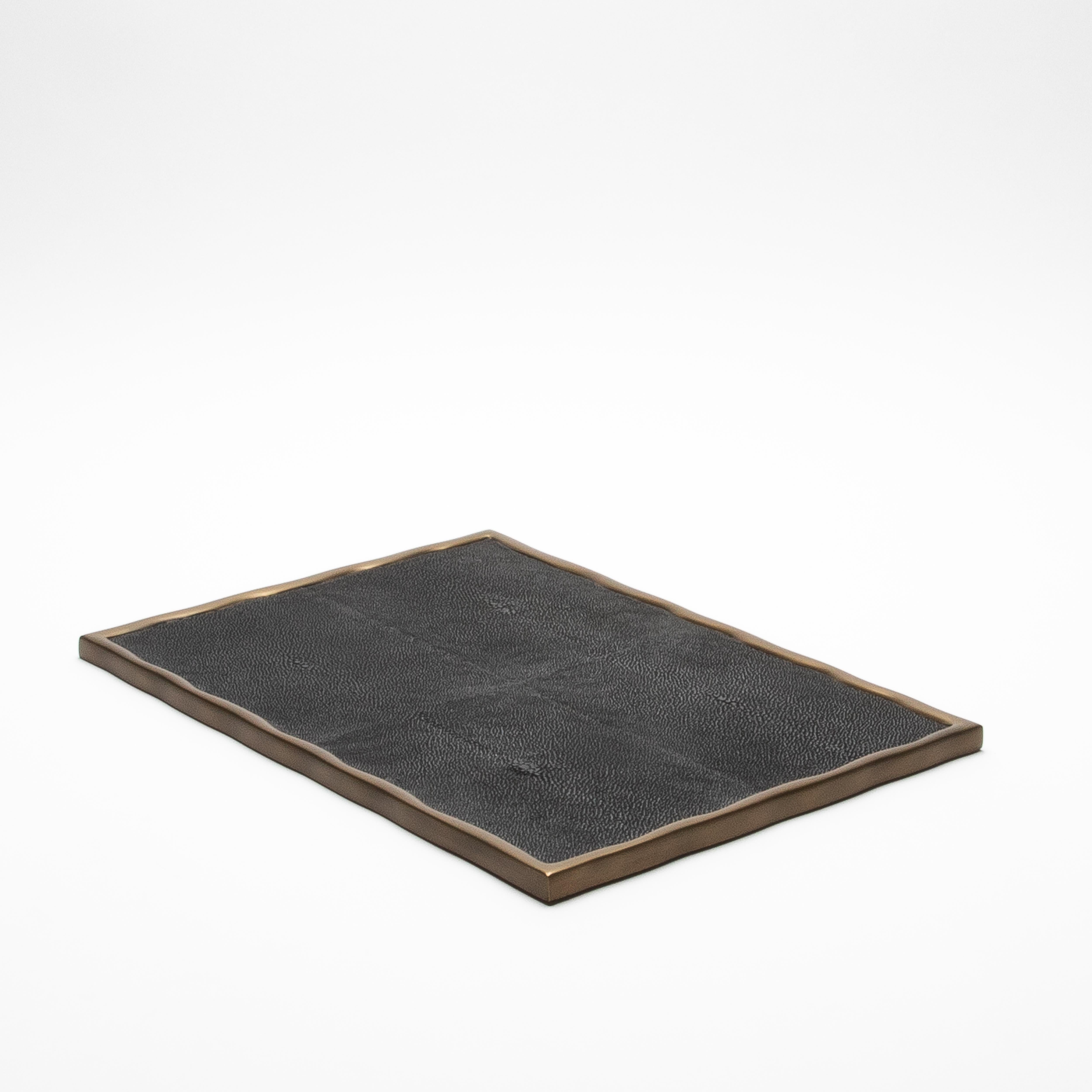 Hand-Crafted Rectangular Melting Tray in Shagreen with Bronze Patina Brass by R&Y Augousti For Sale