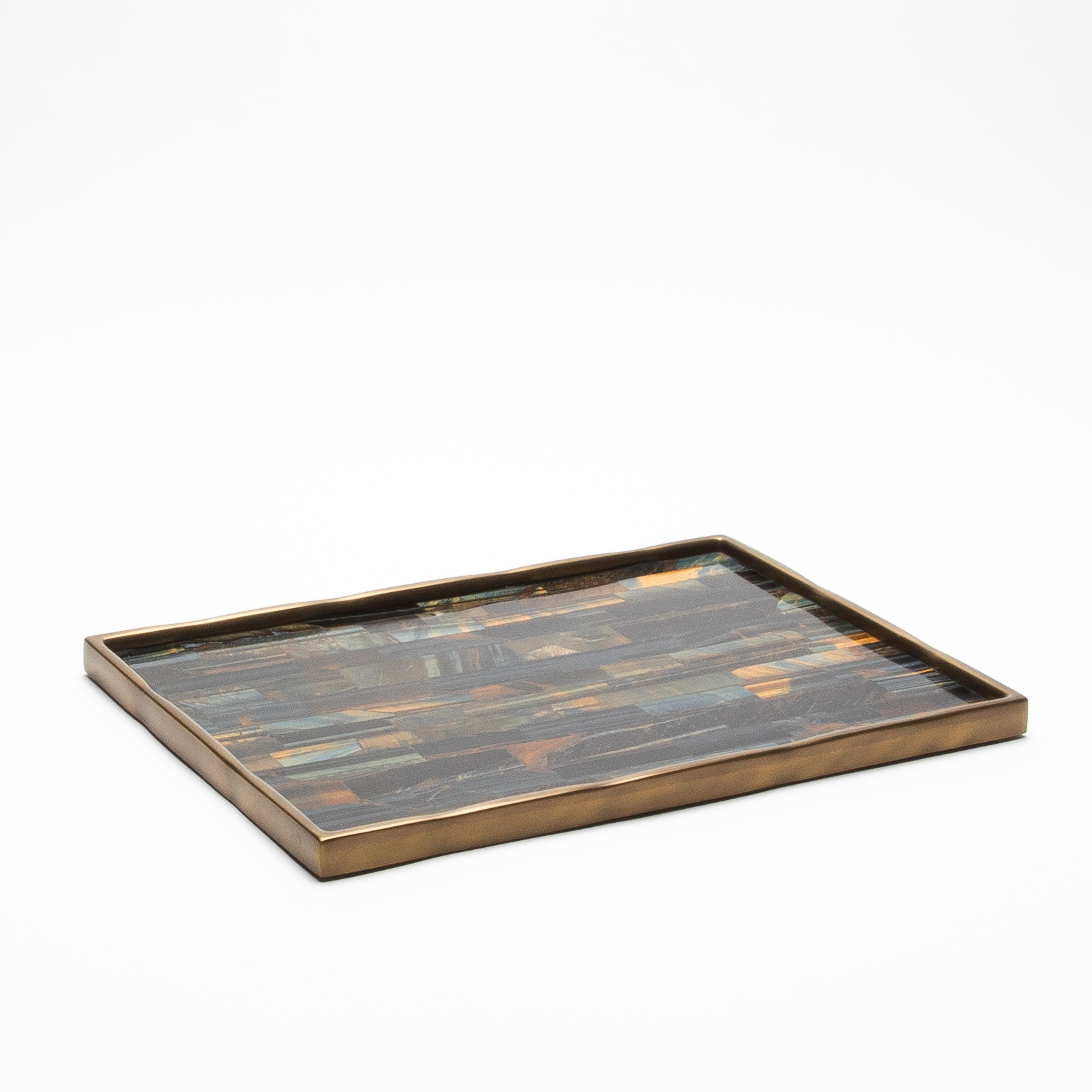 Art Deco Rectangular Melting Tray in Tiger Eye with Bronze Patina Brass by R&Y Augousti For Sale