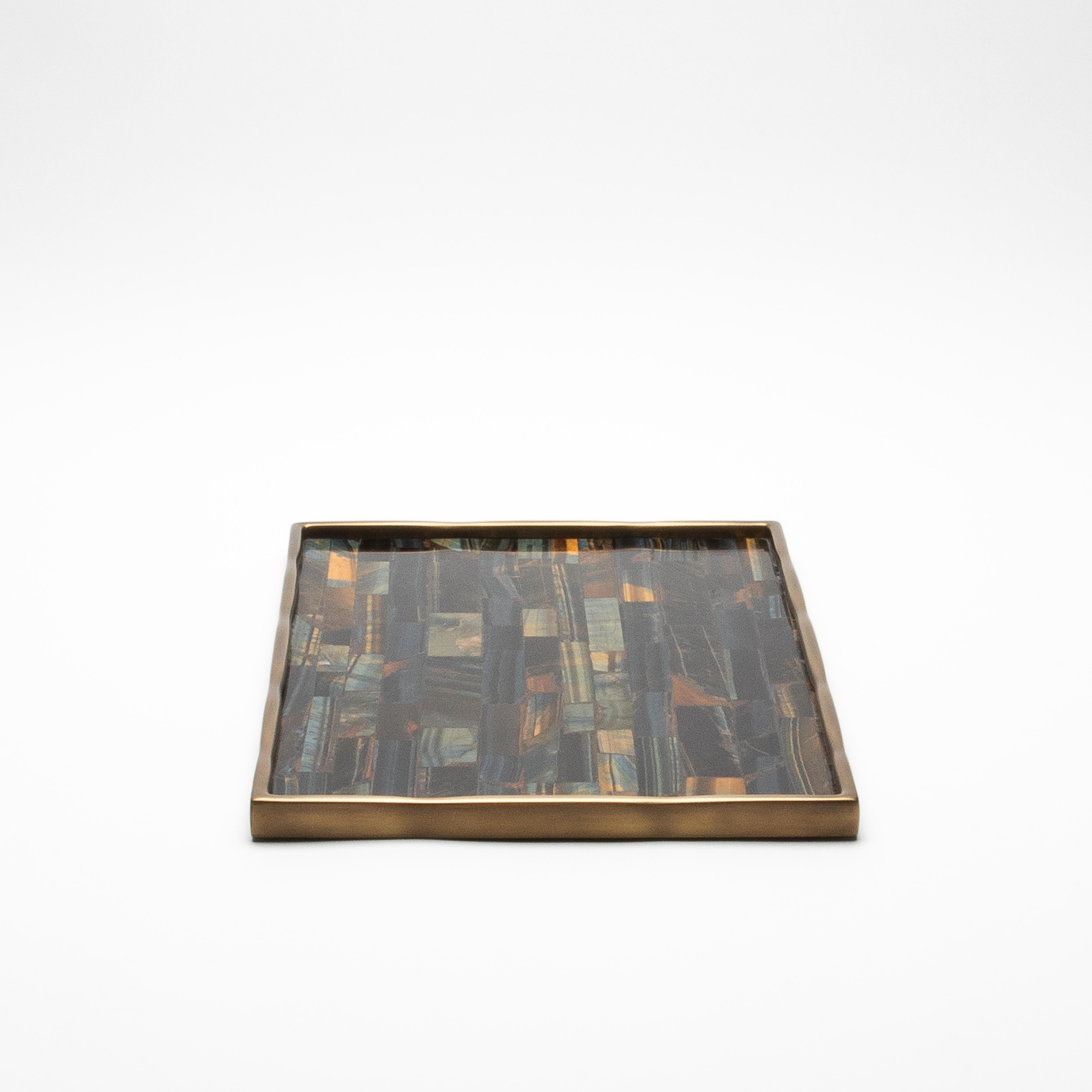 Philippine Rectangular Melting Tray in Tiger Eye with Bronze Patina Brass by R&Y Augousti For Sale