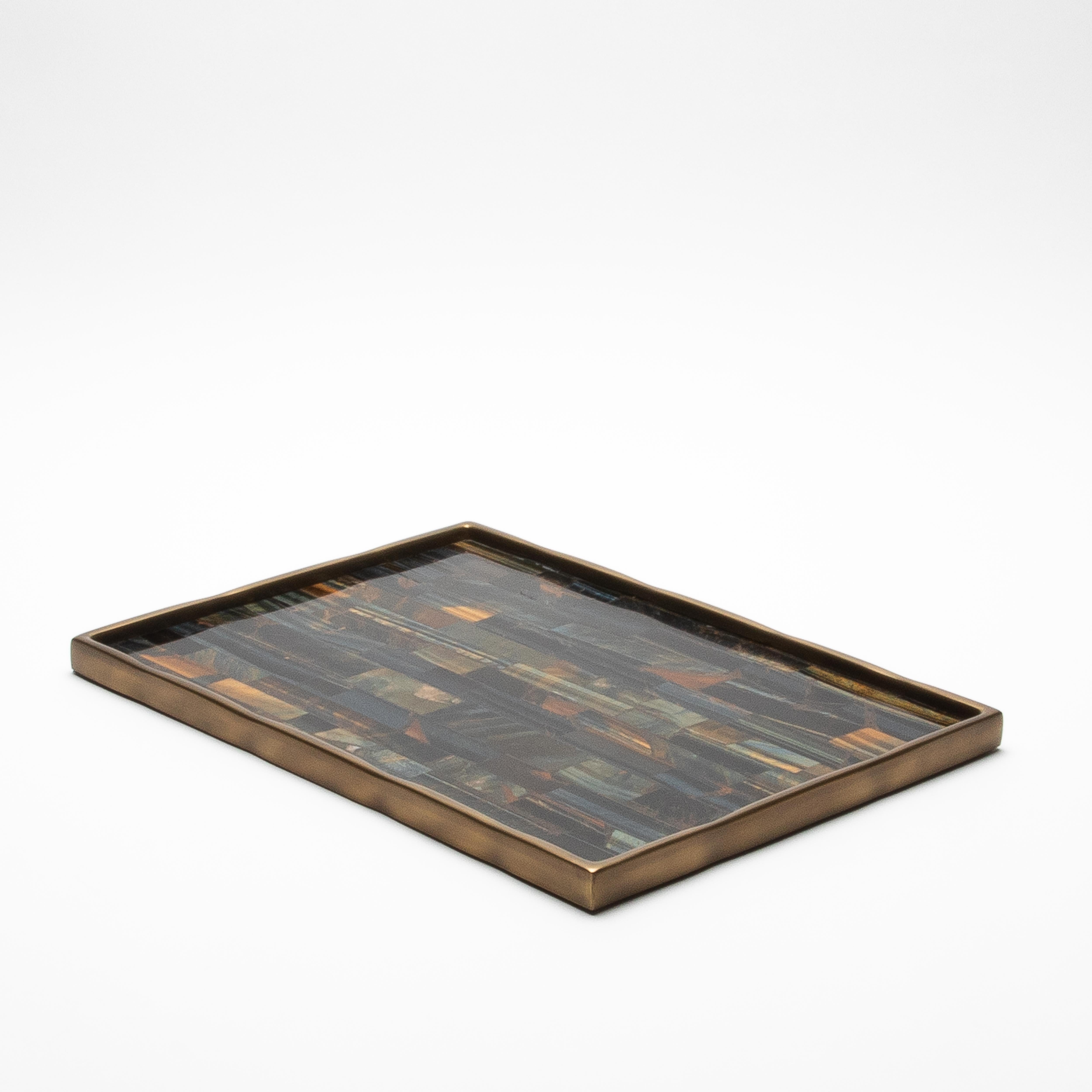 Hand-Crafted Rectangular Melting Tray in Tiger Eye with Bronze Patina Brass by R&Y Augousti For Sale