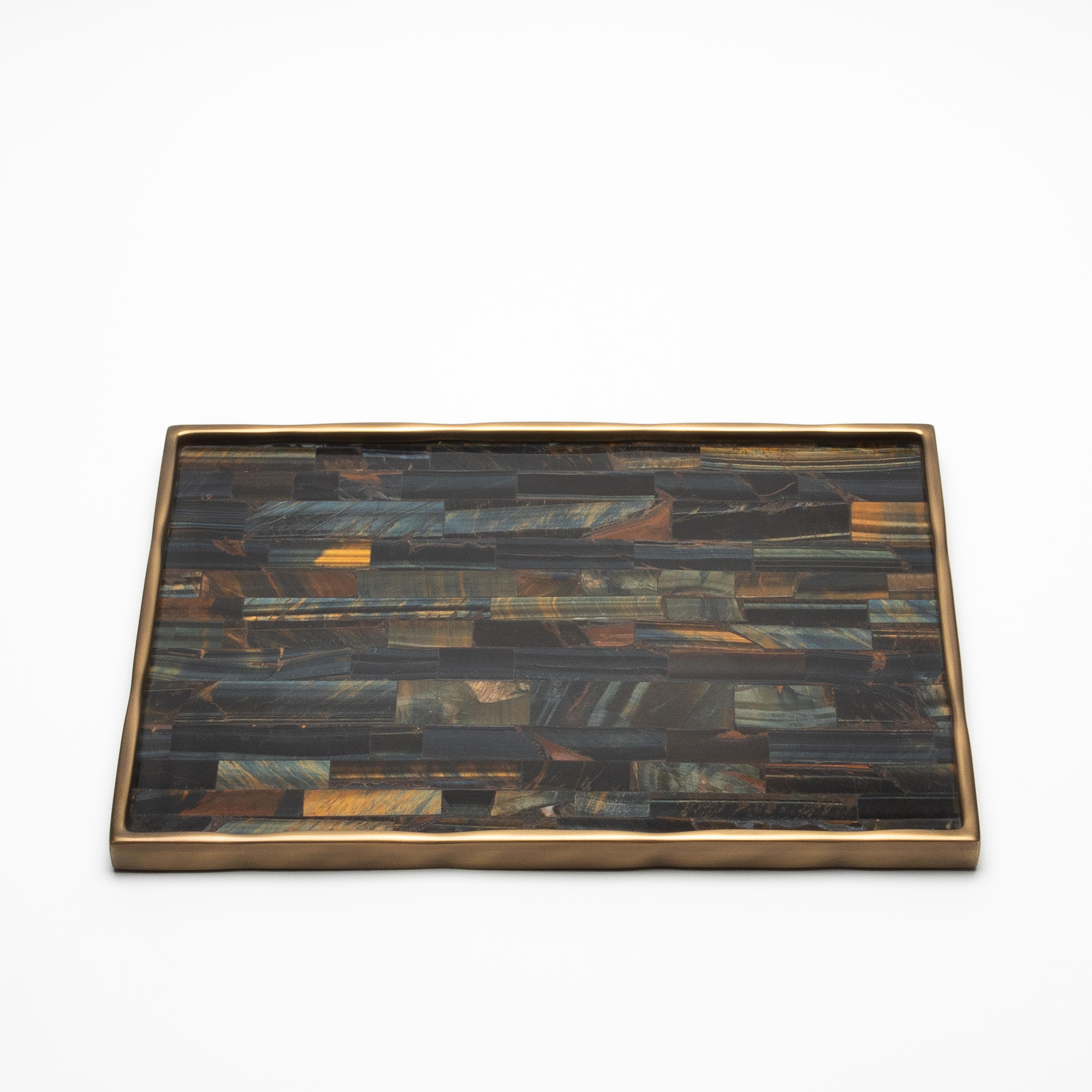 Contemporary Rectangular Melting Tray in Tiger Eye with Bronze Patina Brass by R&Y Augousti For Sale
