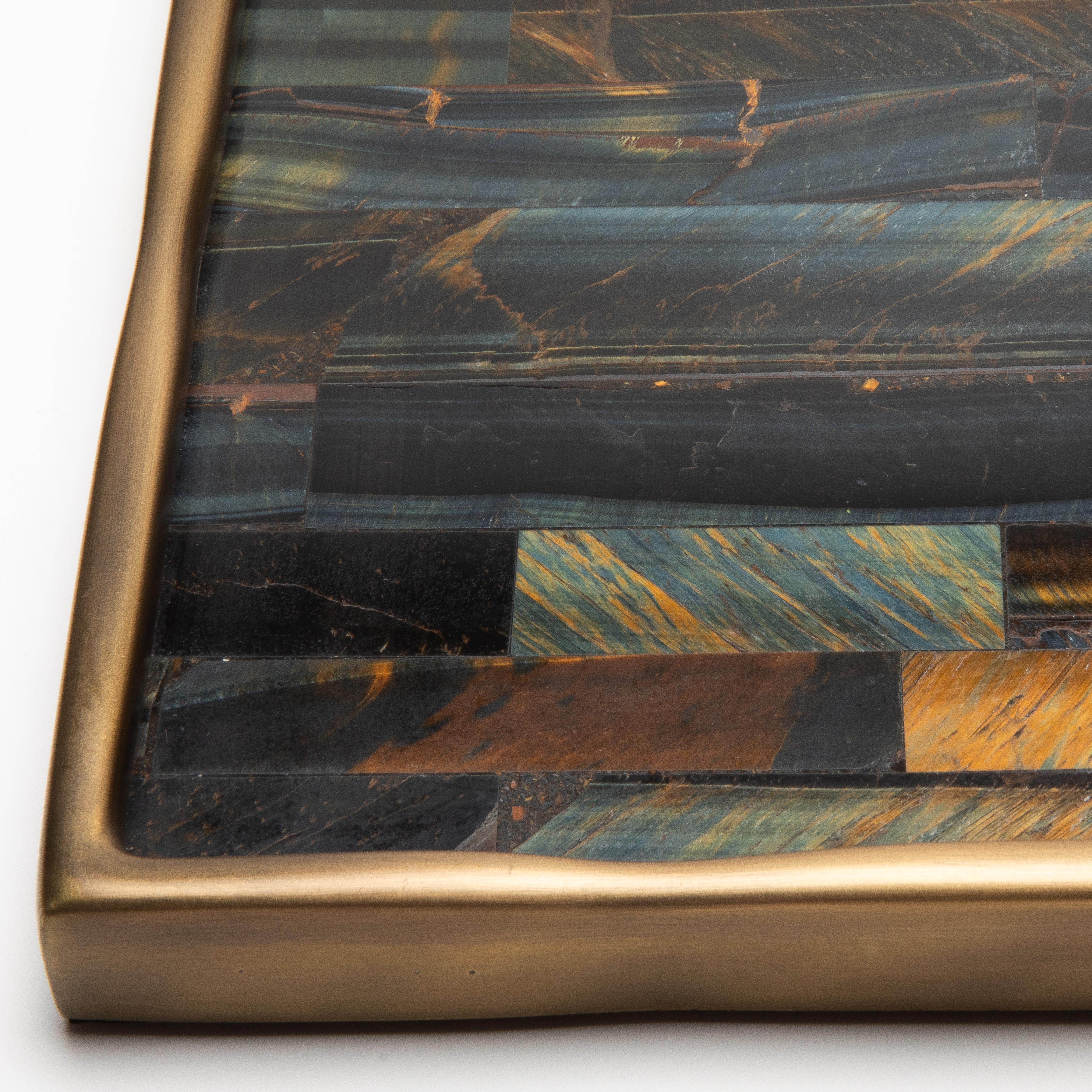 Rectangular Melting Tray in Tiger Eye with Bronze Patina Brass by R&Y Augousti For Sale 1