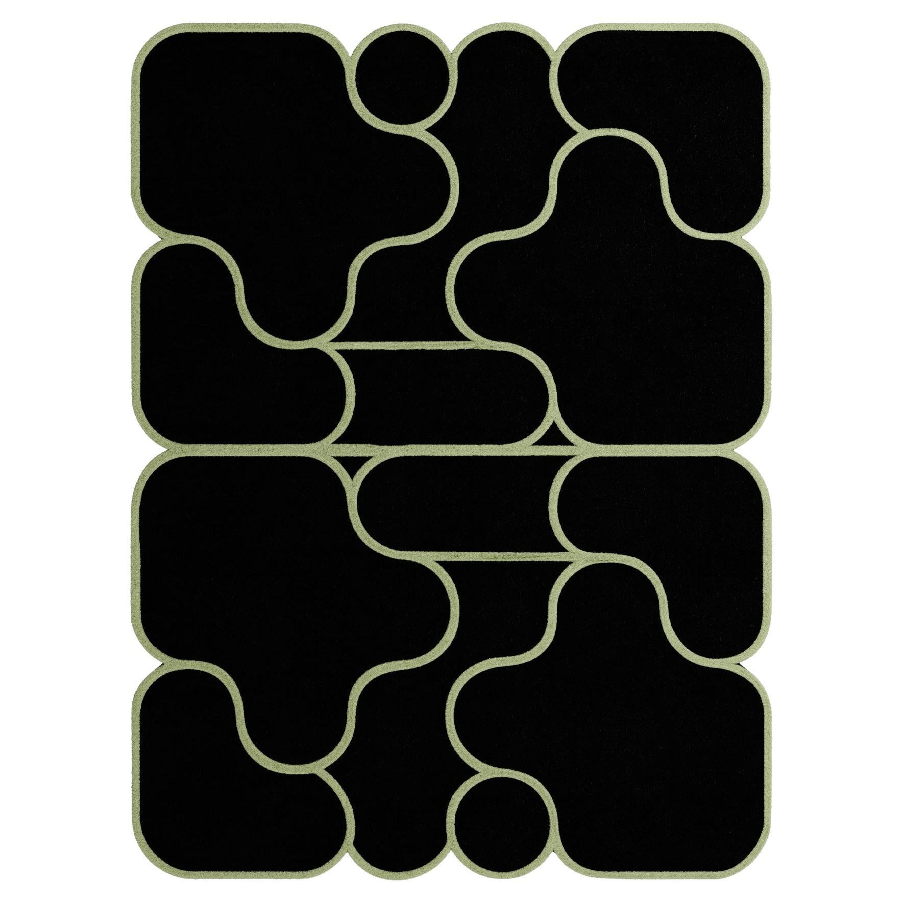 Moderner, rechteckiger, abstrakter, handgetufteter Teppich in Memphis-Design in abstrakter Form in Schwarz und Grün im Angebot