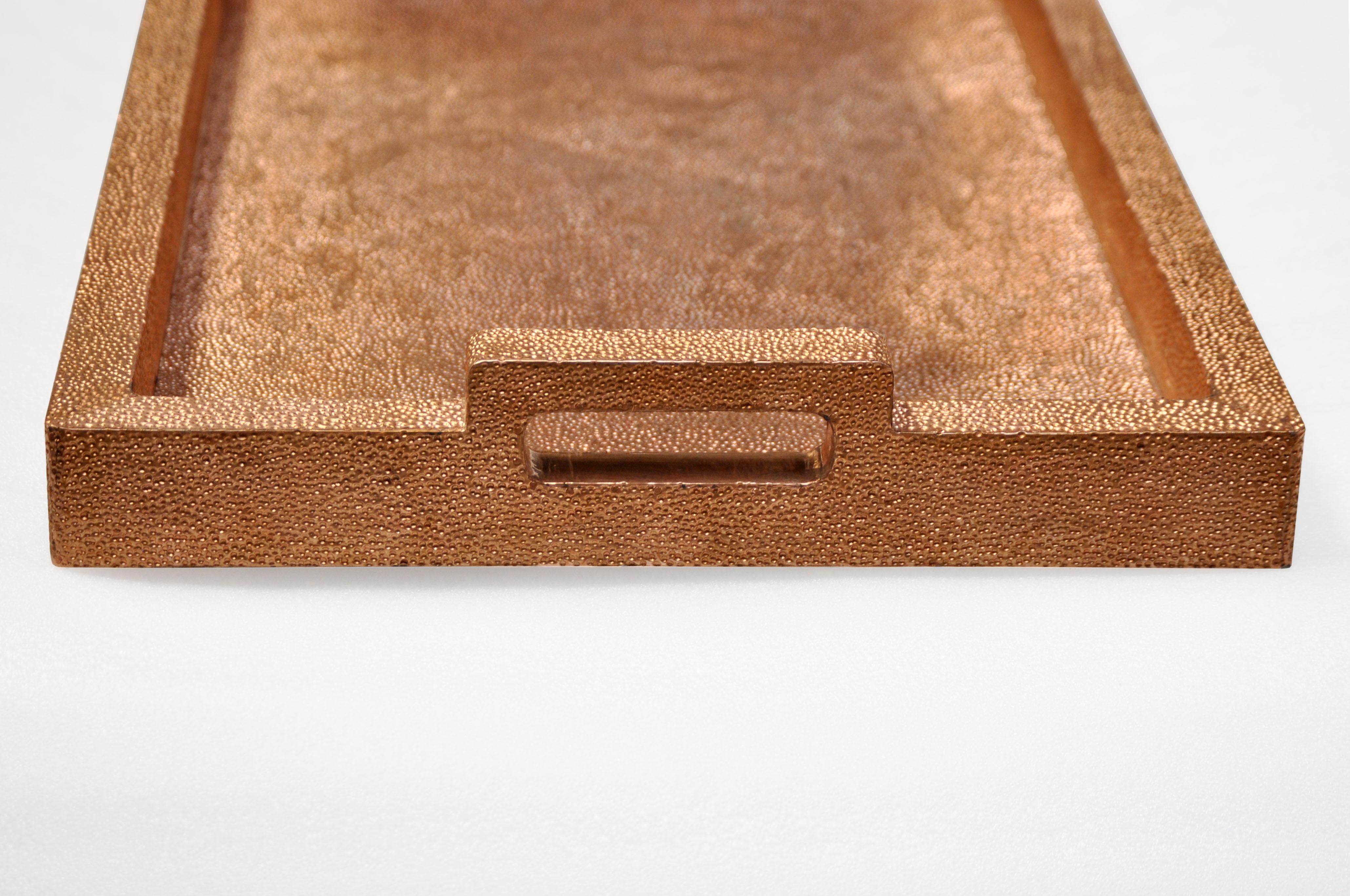 Hand-Carved Rectangular Metal Tray in Copper Clad Over MDF by Stephanie Odegard For Sale