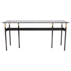 Metal Console Table With Bright Brass Details Tinted Mirror Glass Top IN STOCK