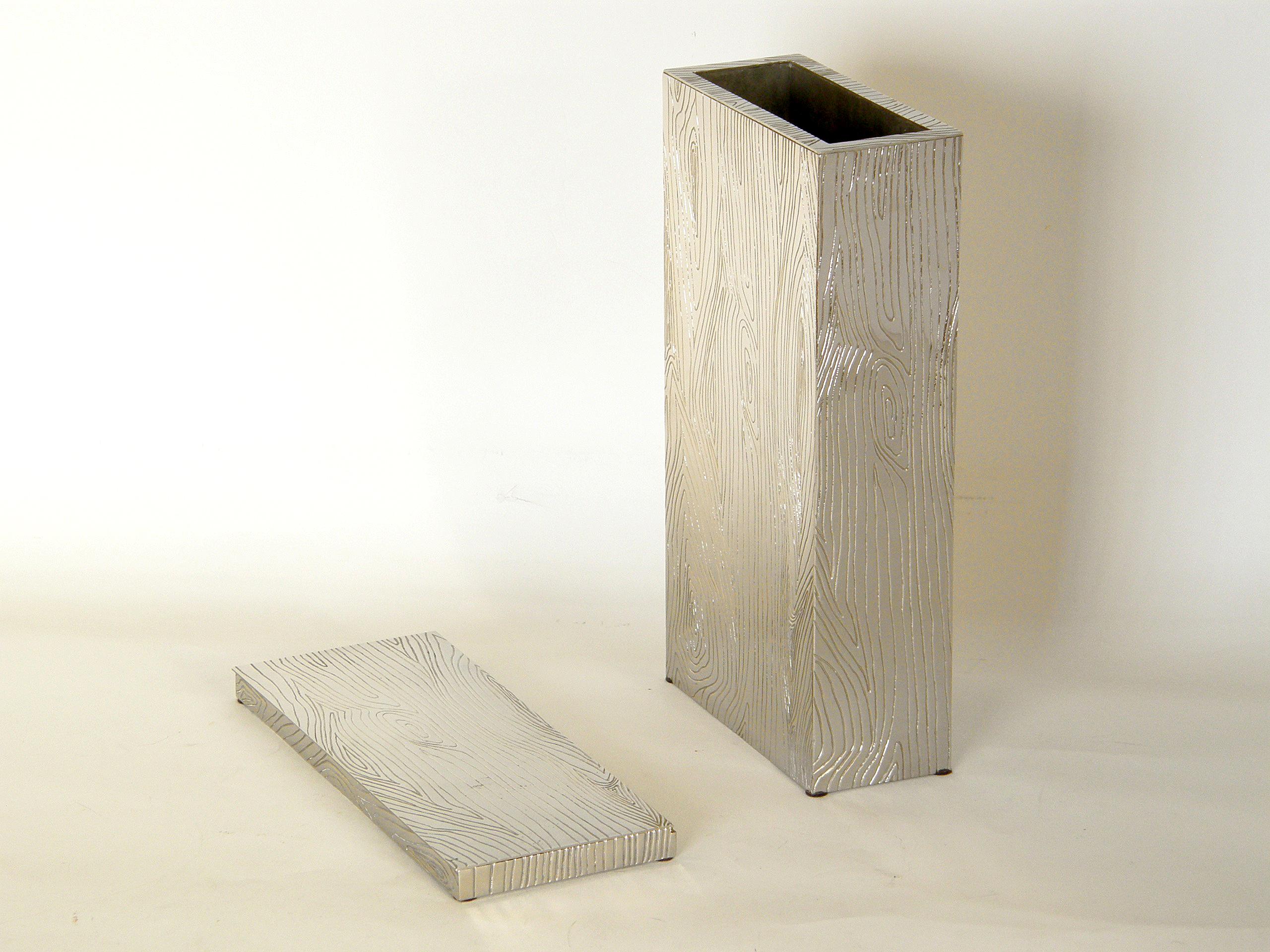 Italian Rectangular Metal Faux Bois Vase and Matching Box Made in Italy For Sale