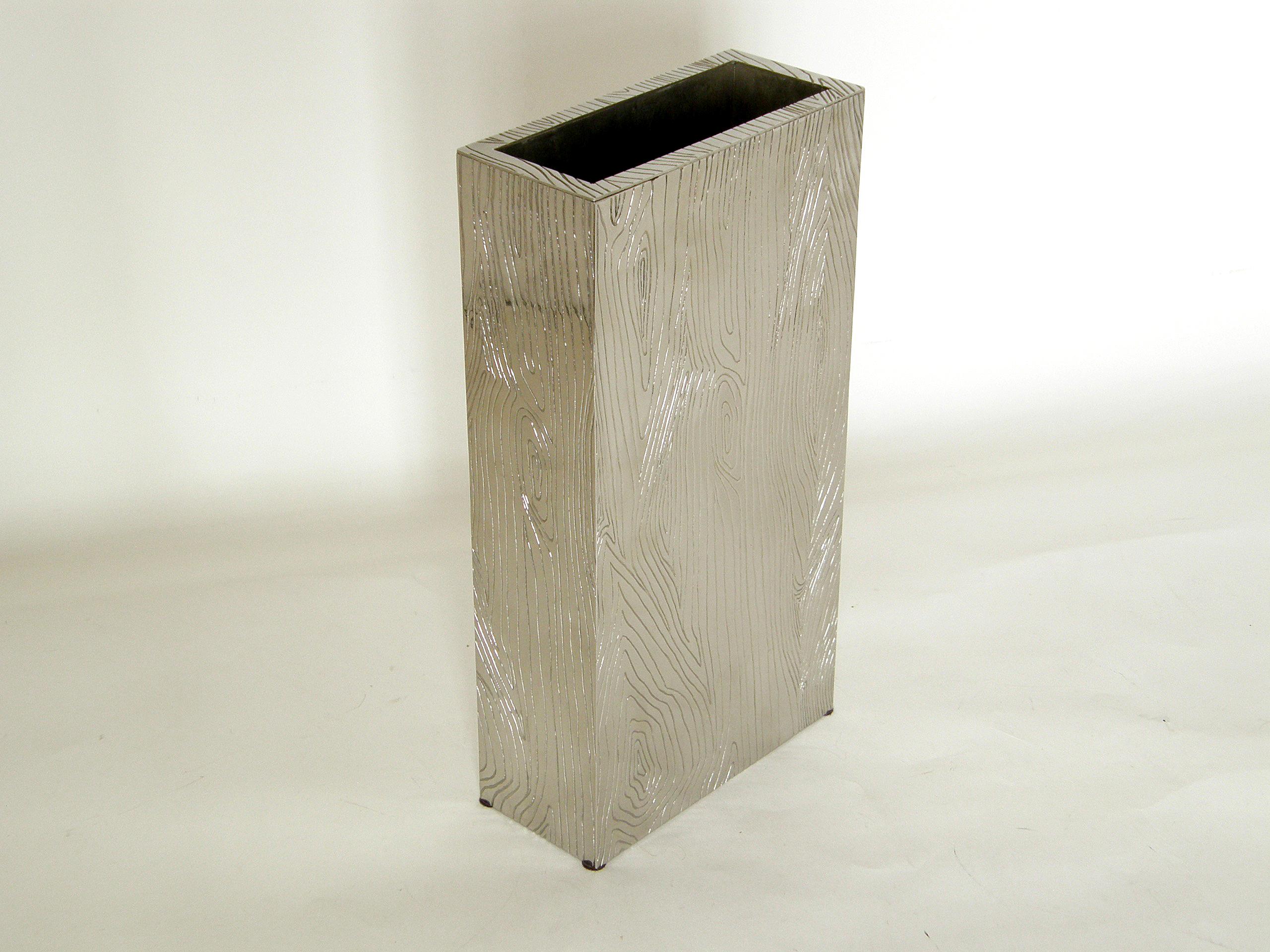 Polished Rectangular Metal Faux Bois Vase and Matching Box Made in Italy For Sale