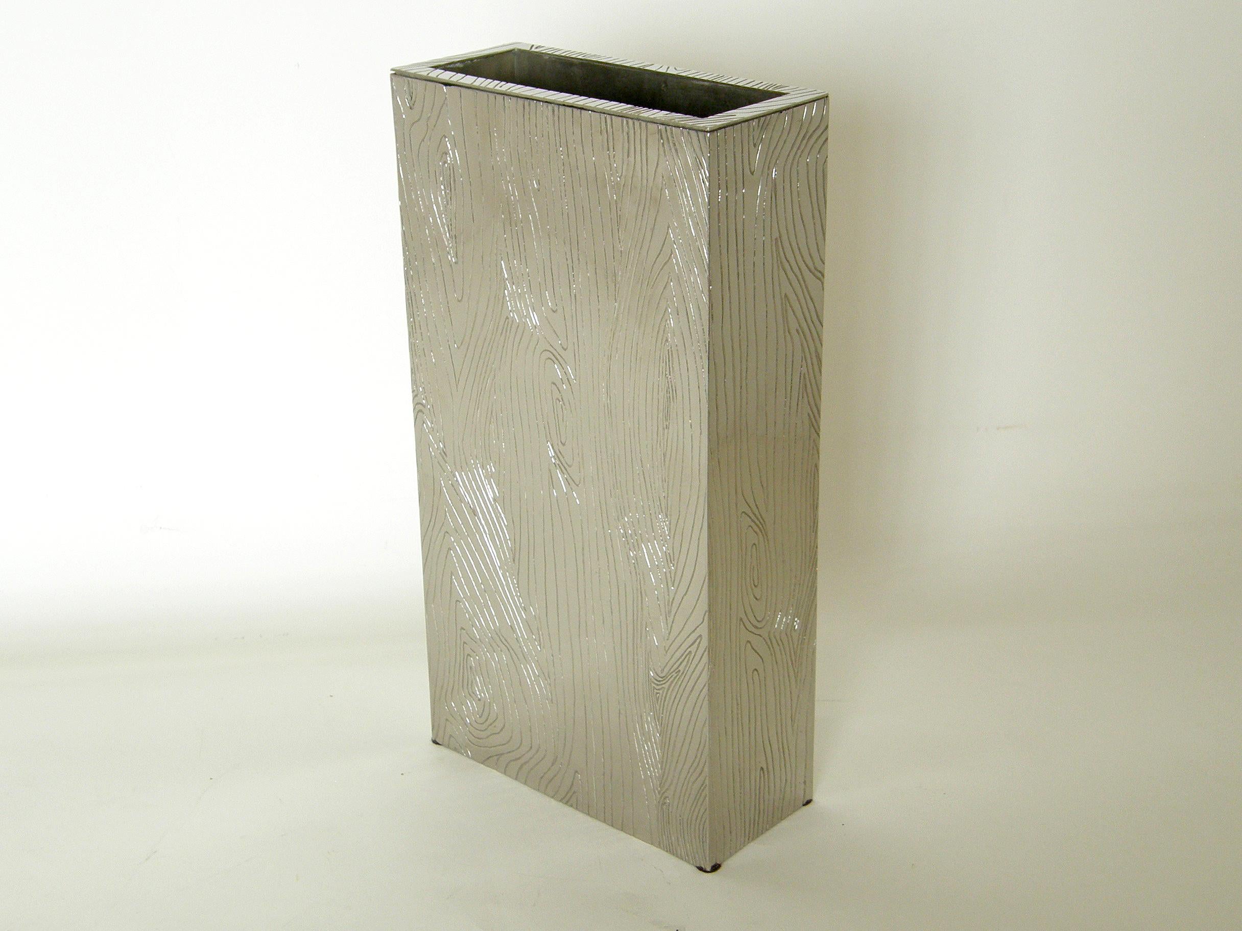 Late 20th Century Rectangular Metal Faux Bois Vase and Matching Box Made in Italy For Sale