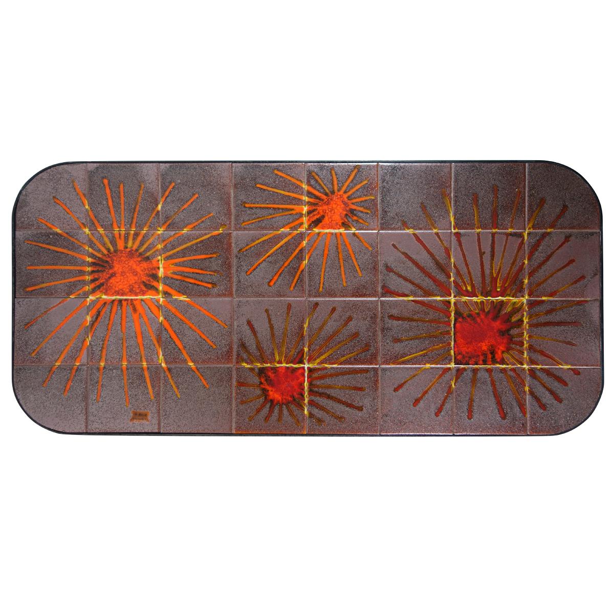 Mid-Century Modern Rectangular Midcentury Coffee Table with Sun Tile Decor La Roue by Vallauris For Sale
