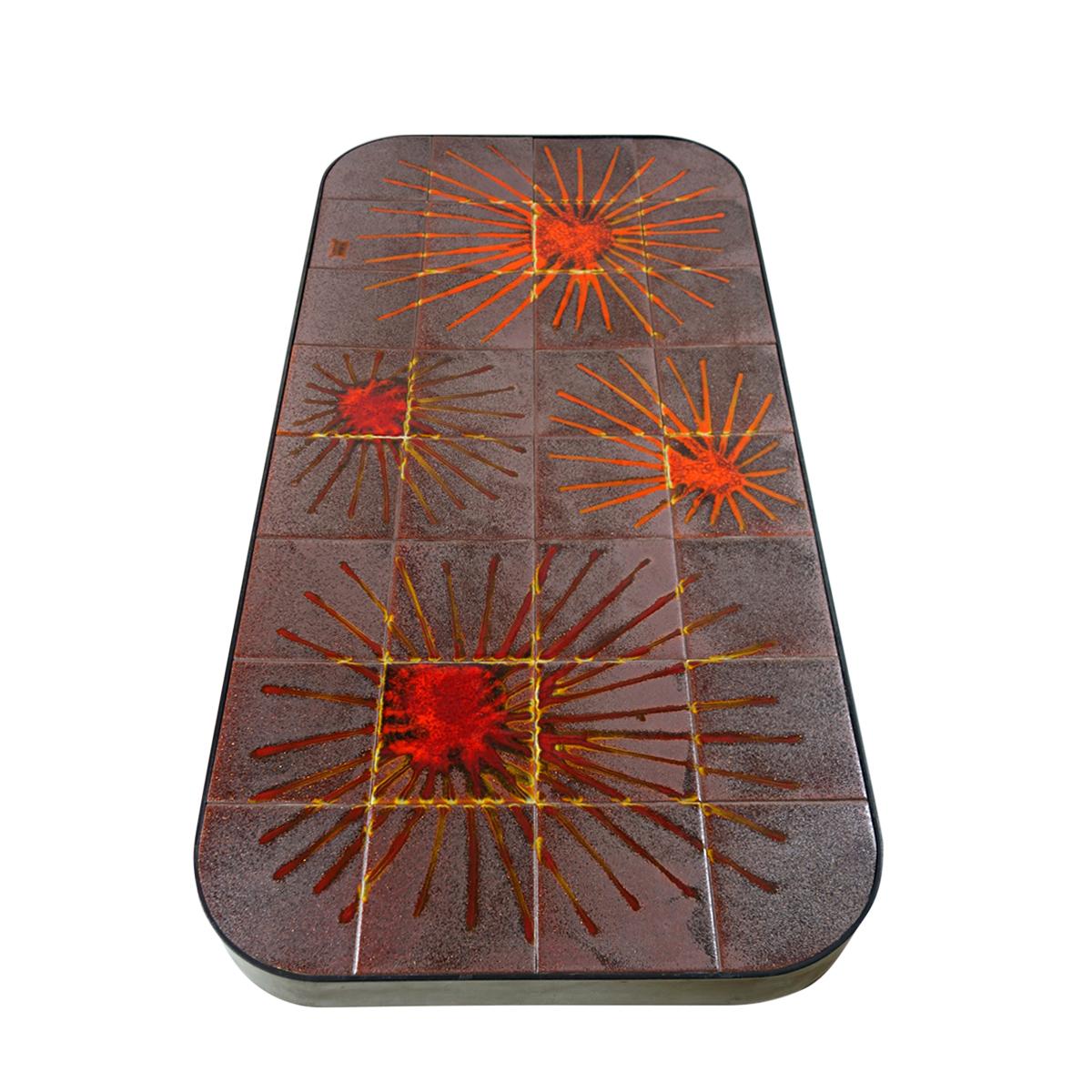 French Rectangular Midcentury Coffee Table with Sun Tile Decor La Roue by Vallauris For Sale