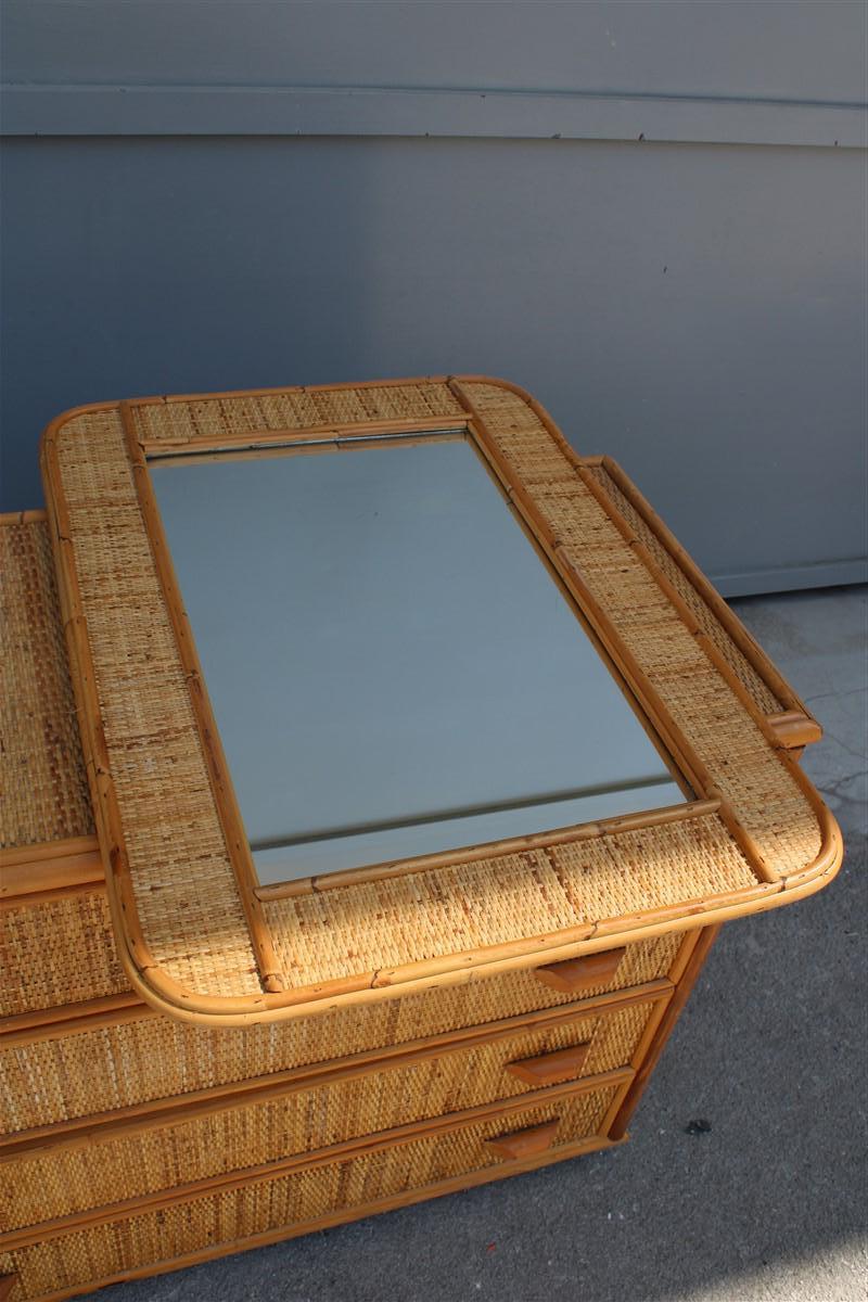 Rectangular Mid-Century Dresser Italian Design Bamboo Rattan Whit Mirror, 1950s 3