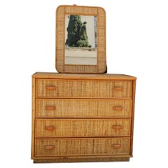 Rectangular Mid-Century Dresser Italian Design Bamboo Rattan Whit Mirror, 1950s