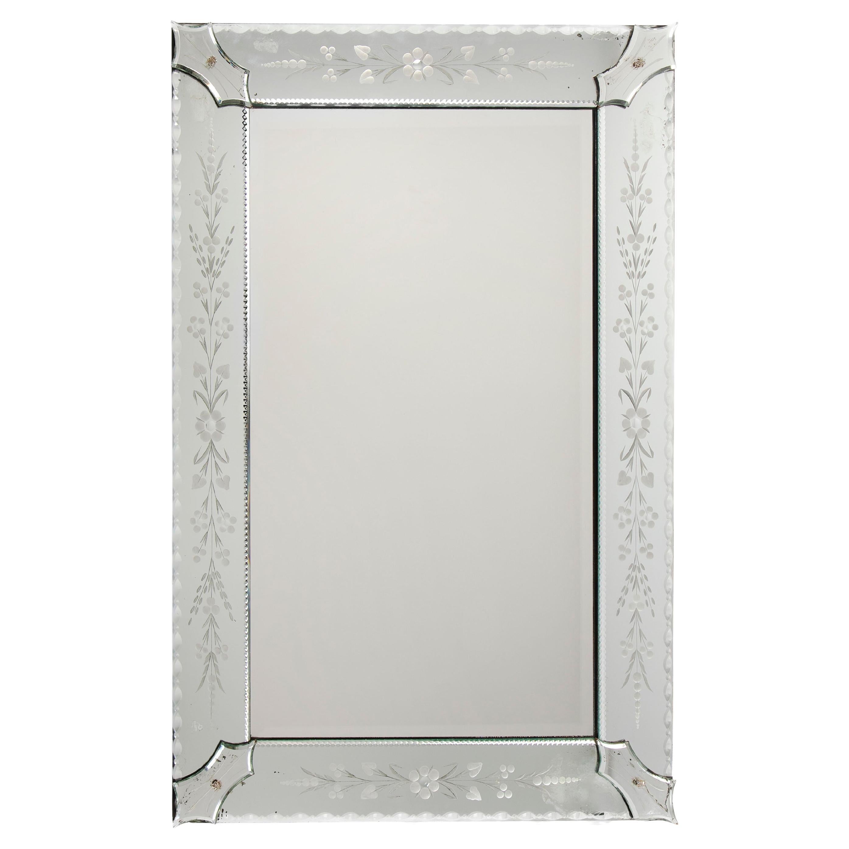 Rectangular Mid-Century Venetian Mirror with Delicate Decoration, France 1930s
