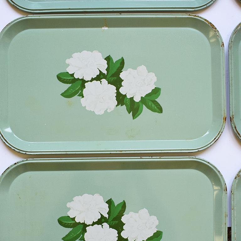 Mid-Century Modern Rectangular Mint Green Tole Tin Magnolia Snack Trays Set of 6
