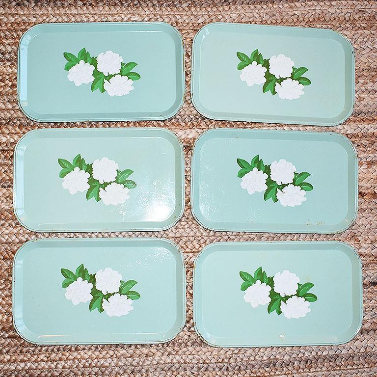 American Rectangular Mint Green Tole Tin Magnolia Snack Trays Set of 6