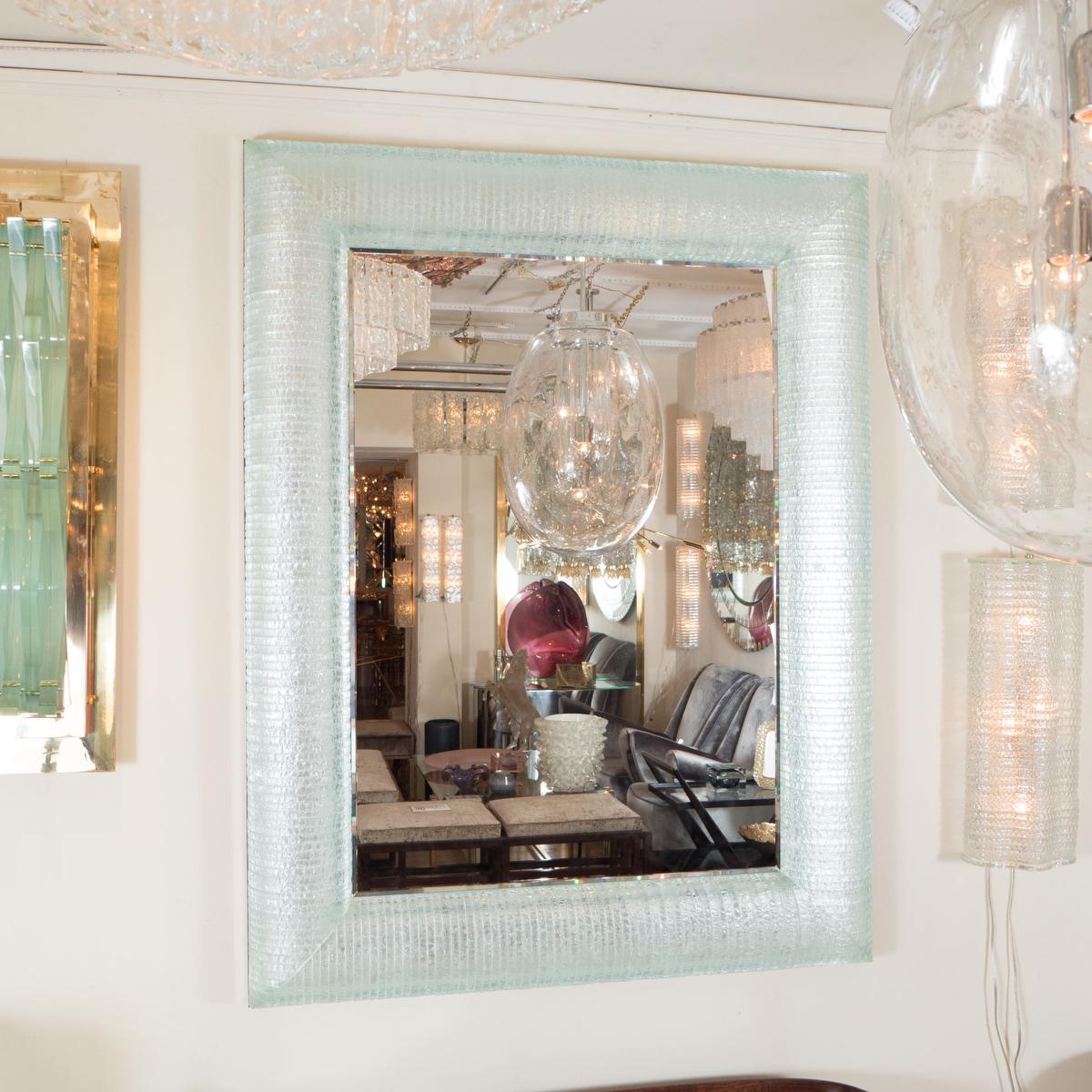 Mid-Century Modern Rectangular Mirror Featuring Curved and Layered Glass Surround