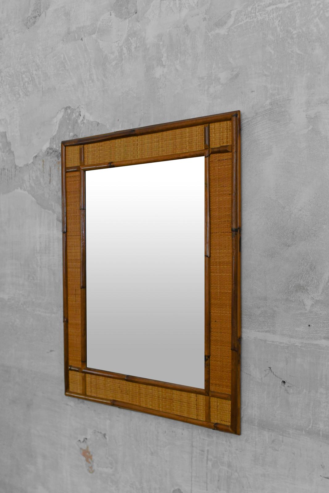 Rectangular Mirror In Bamboo And Cane Fabric, 1980s In Good Condition For Sale In Roma, RM