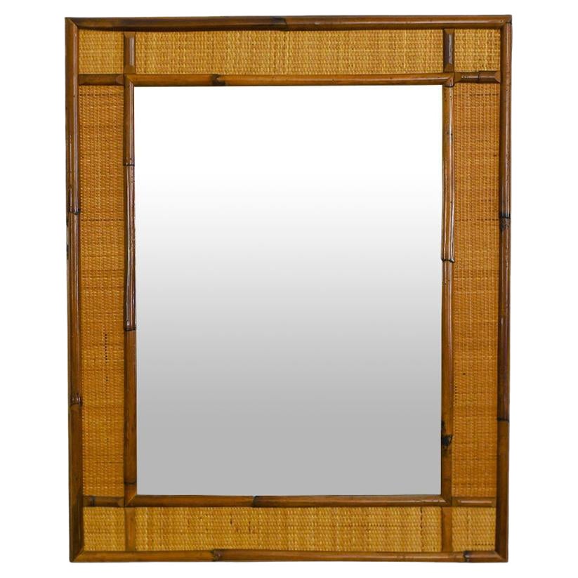 Miroir rectangulaire en bambou et tissu de canne, années 1980 en vente