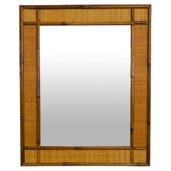 Miroir rectangulaire en bambou et tissu de canne, années 1980