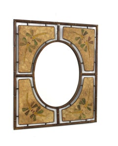 Rectangular Mirror in Ceramic and Faux Bamboo Gilt Iron Frame and Dragon Flies