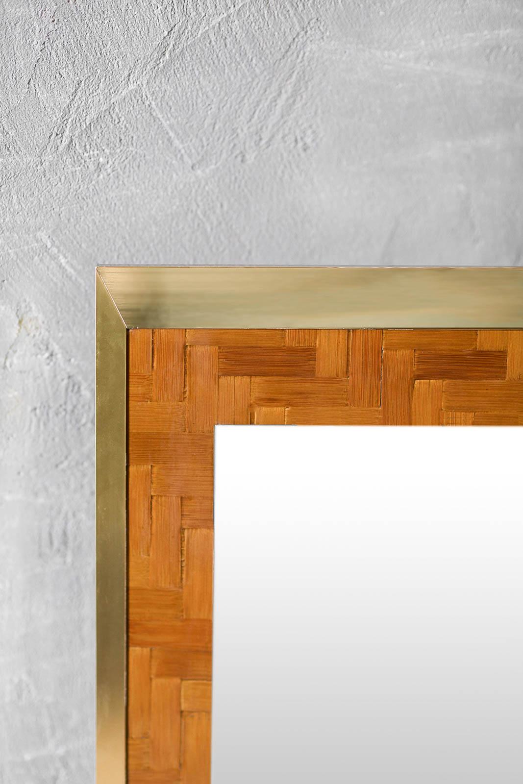 Rectangular Mirror In Pressed Bamboo And Brass, 1970 In Good Condition For Sale In Roma, RM