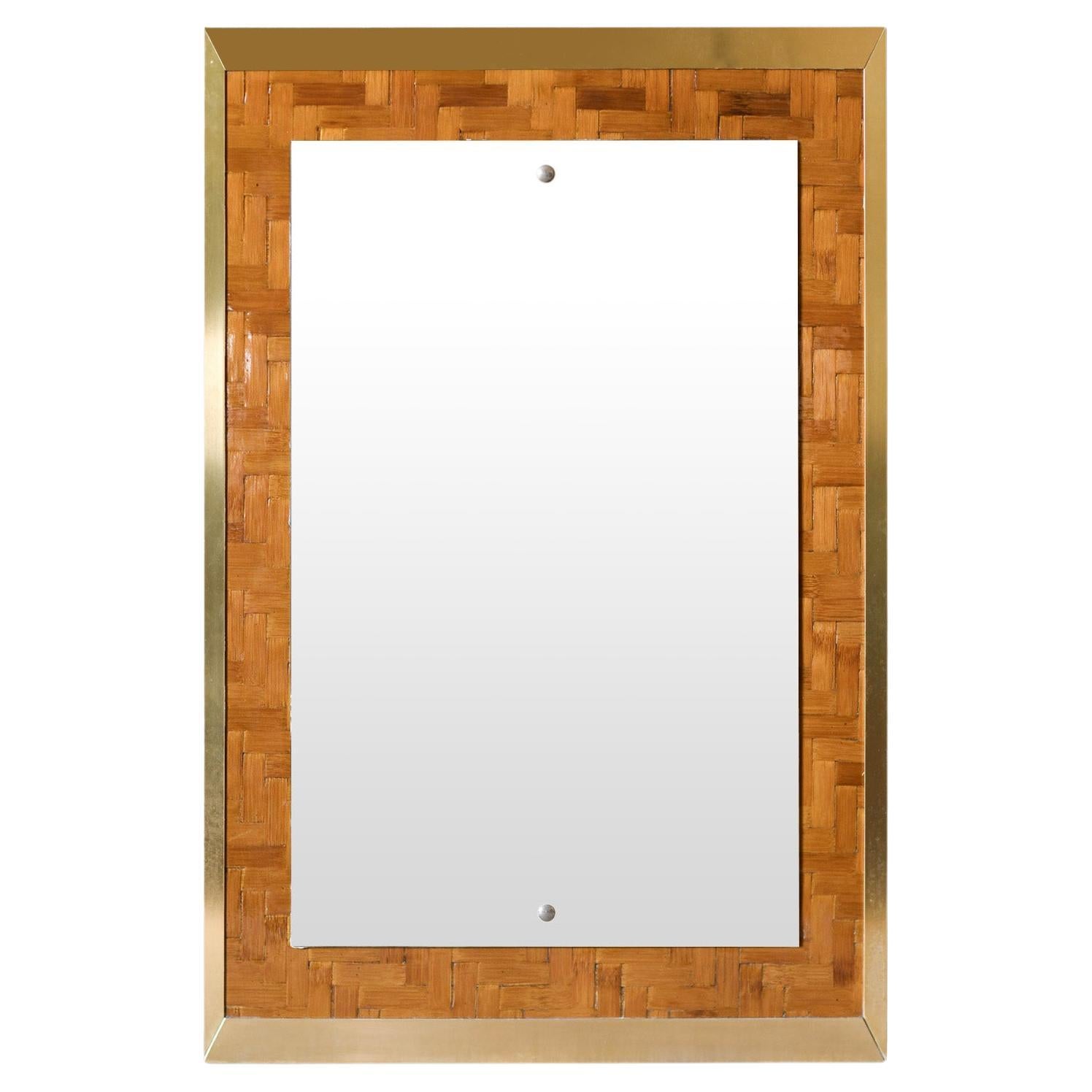Rectangular Mirror In Pressed Bamboo And Brass, 1970