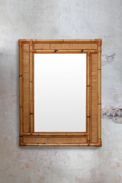 Rectangular Mirror with Bamboo and Cane Fabric Frame, Italy 1970