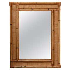 Rectangular Mirror with Bamboo and Cane Fabric Frame, Italy 1970