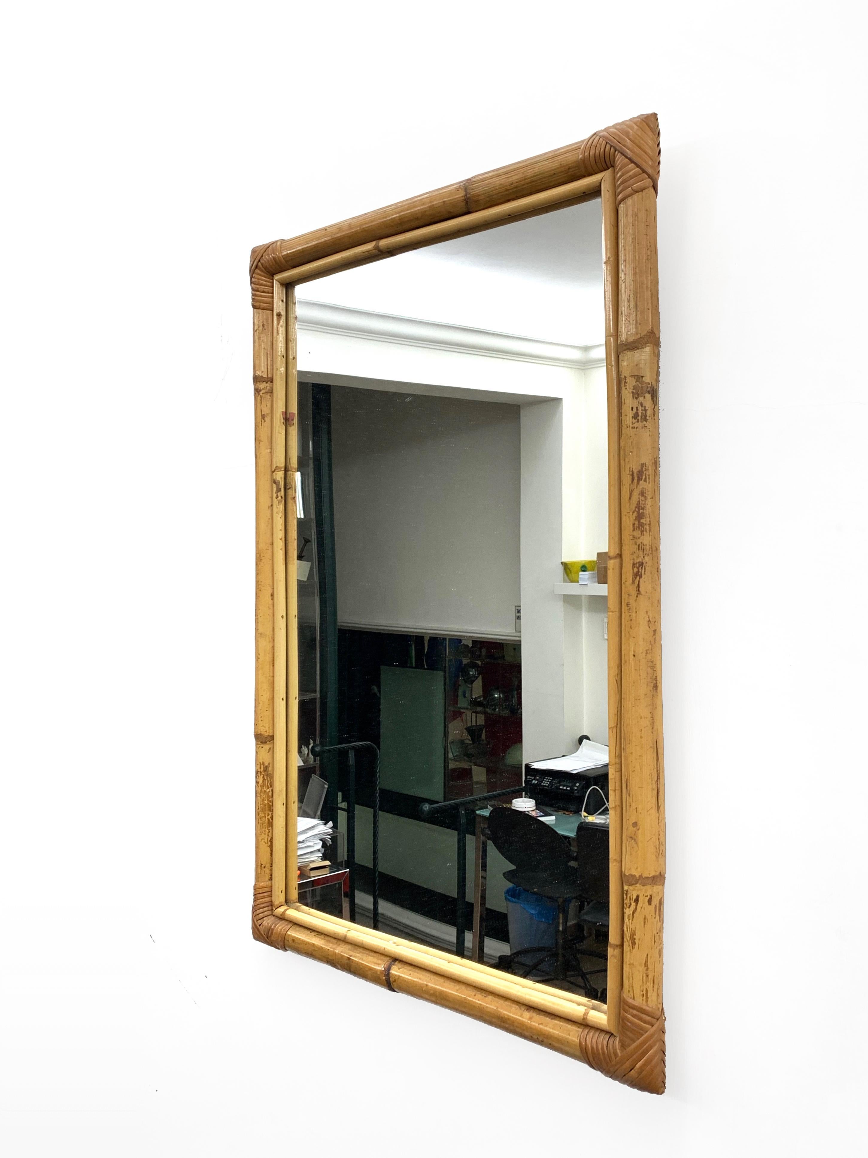 Mid-Century Modern Rectangular Mirror with Bamboo Wicker Woven Frame from the 1970s, Italy