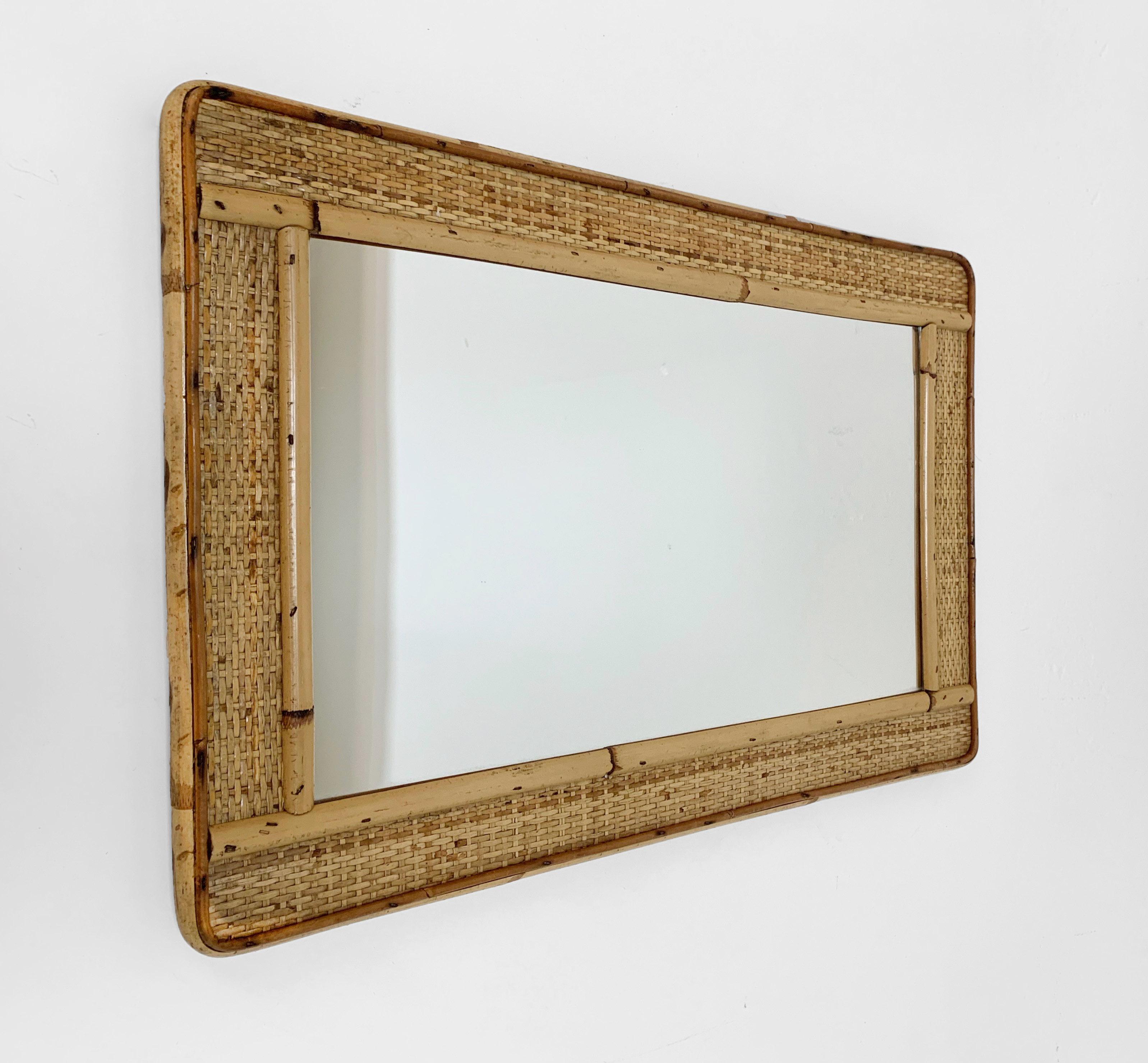 Mid-Century Modern Rectangular Mirror with Bamboo Wicker Woven Frame from the 1970s, Italy For Sale