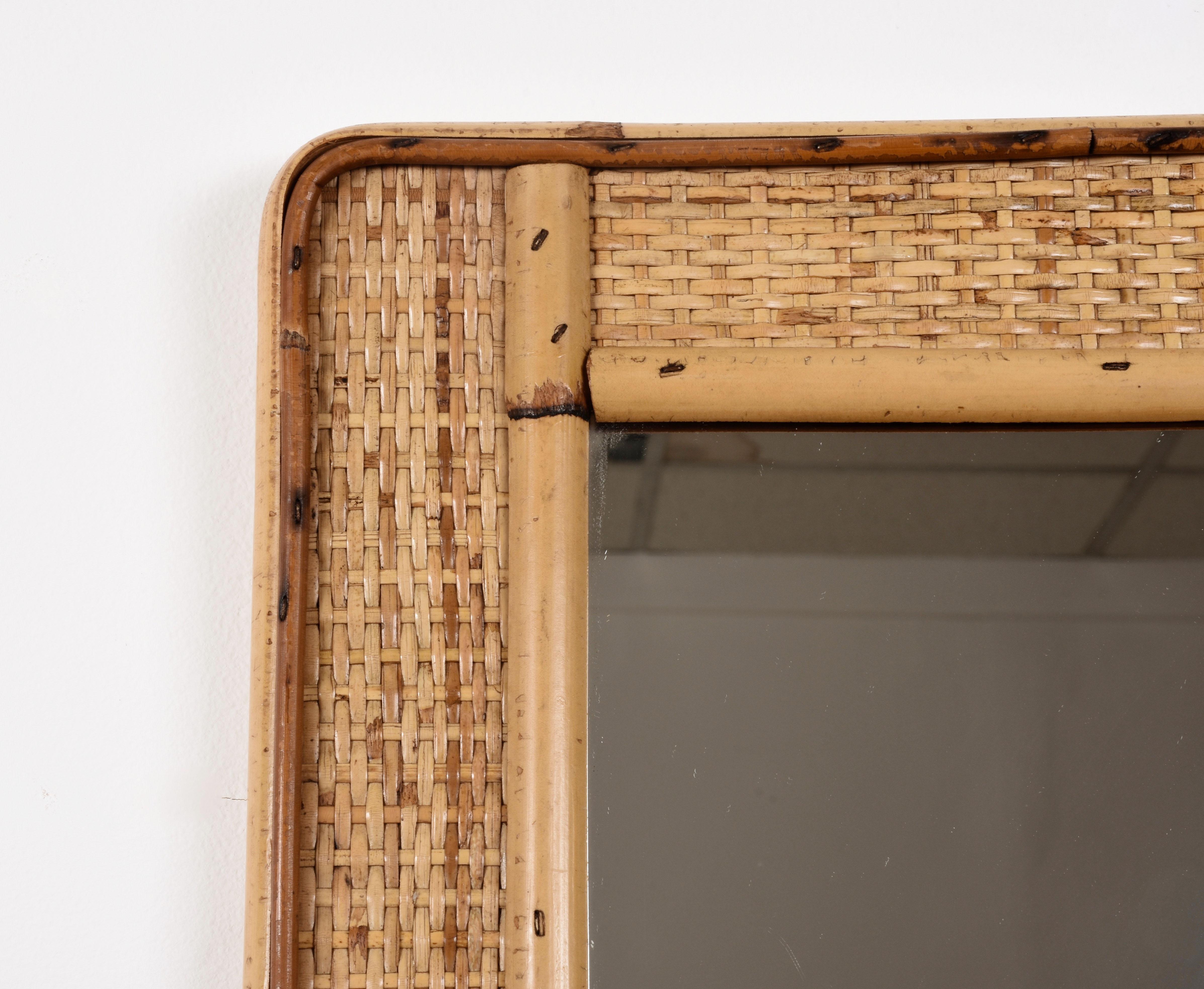 Italian Rectangular Mirror with Bamboo Wicker Woven Frame from the 1970s, Italy For Sale