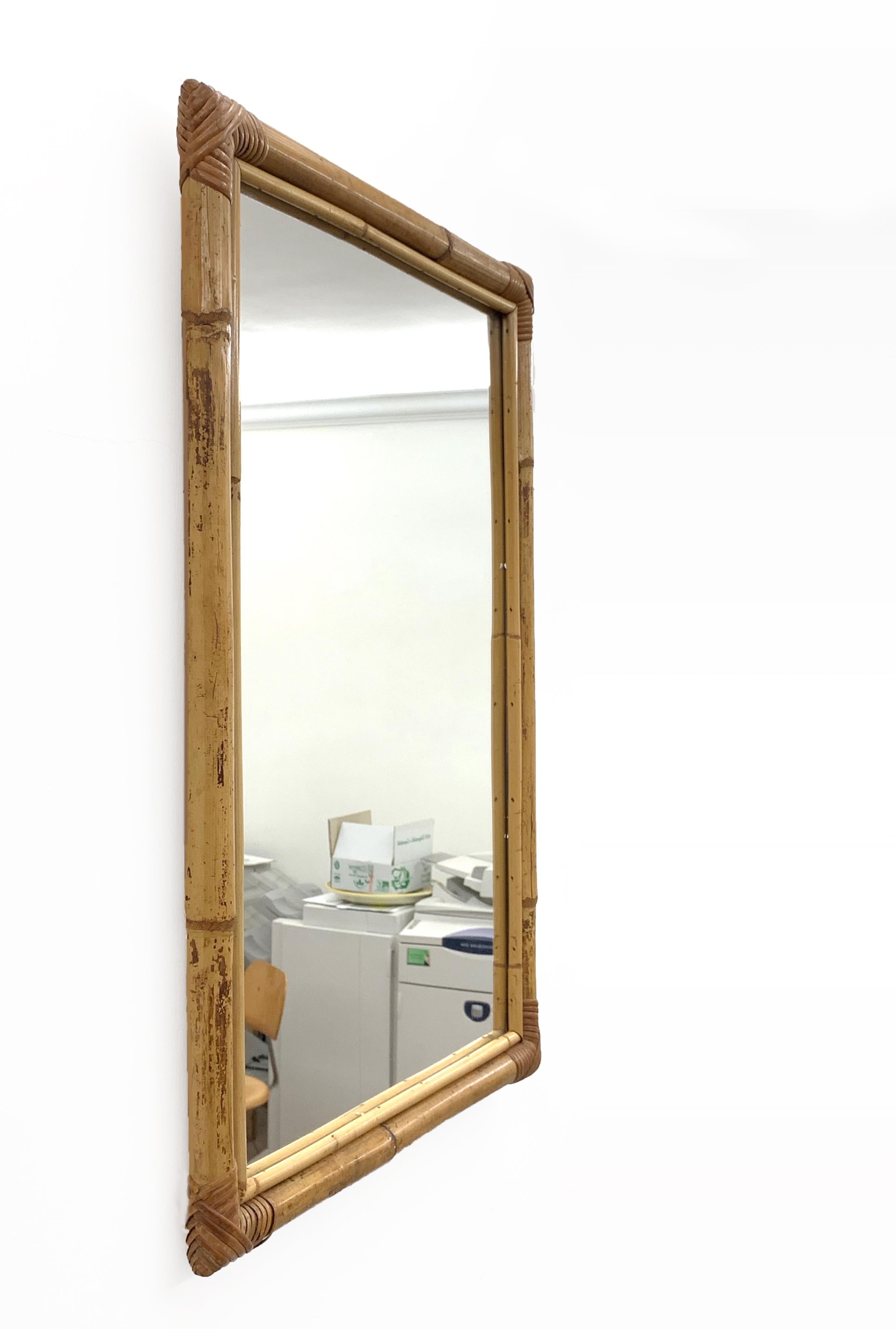 Rectangular Mirror with Bamboo Wicker Woven Frame from the 1970s, Italy In Good Condition In Roma, IT