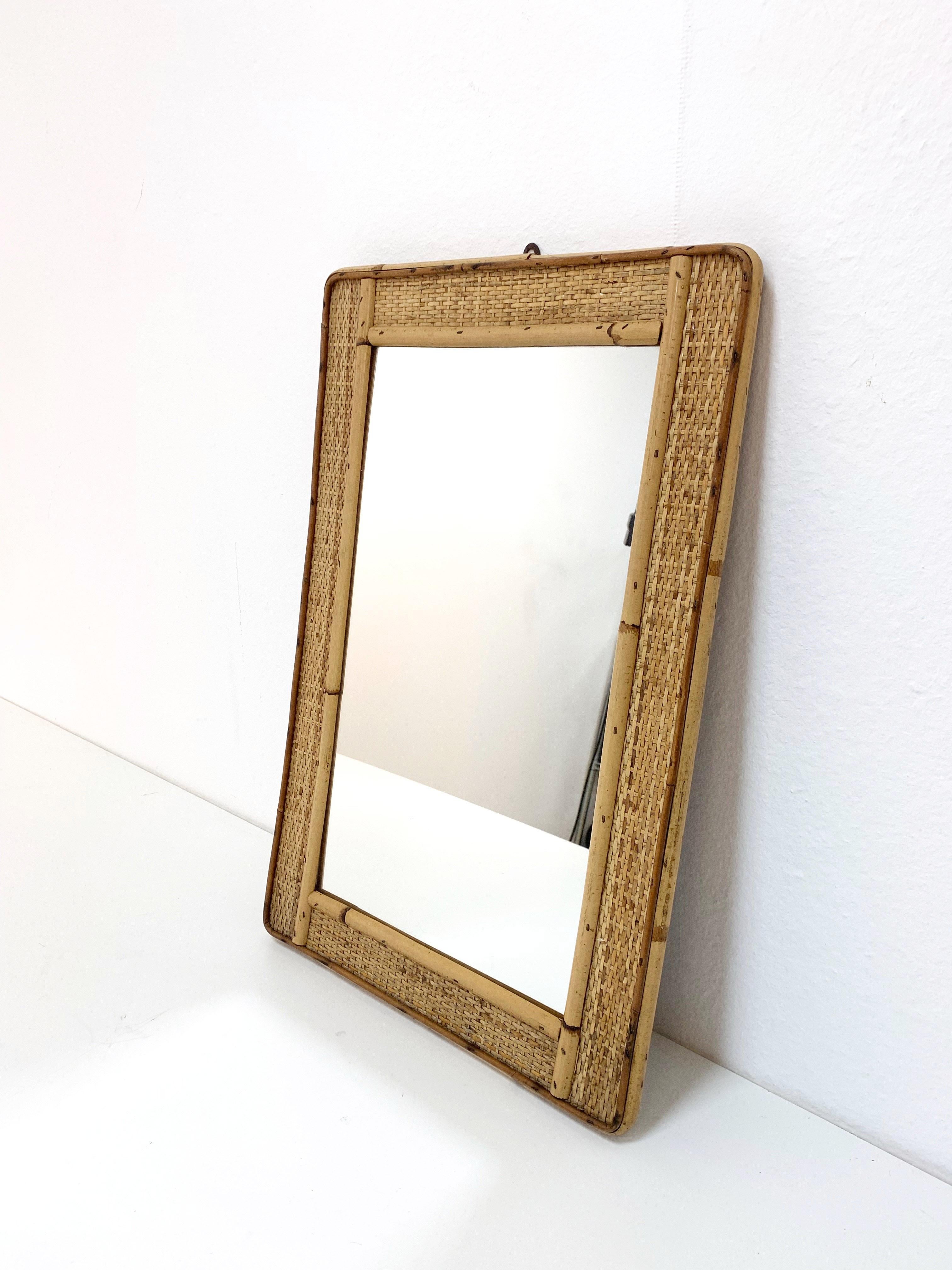 Rectangular Mirror with Bamboo Wicker Woven Frame from the 1970s, Italy In Fair Condition For Sale In Roma, IT