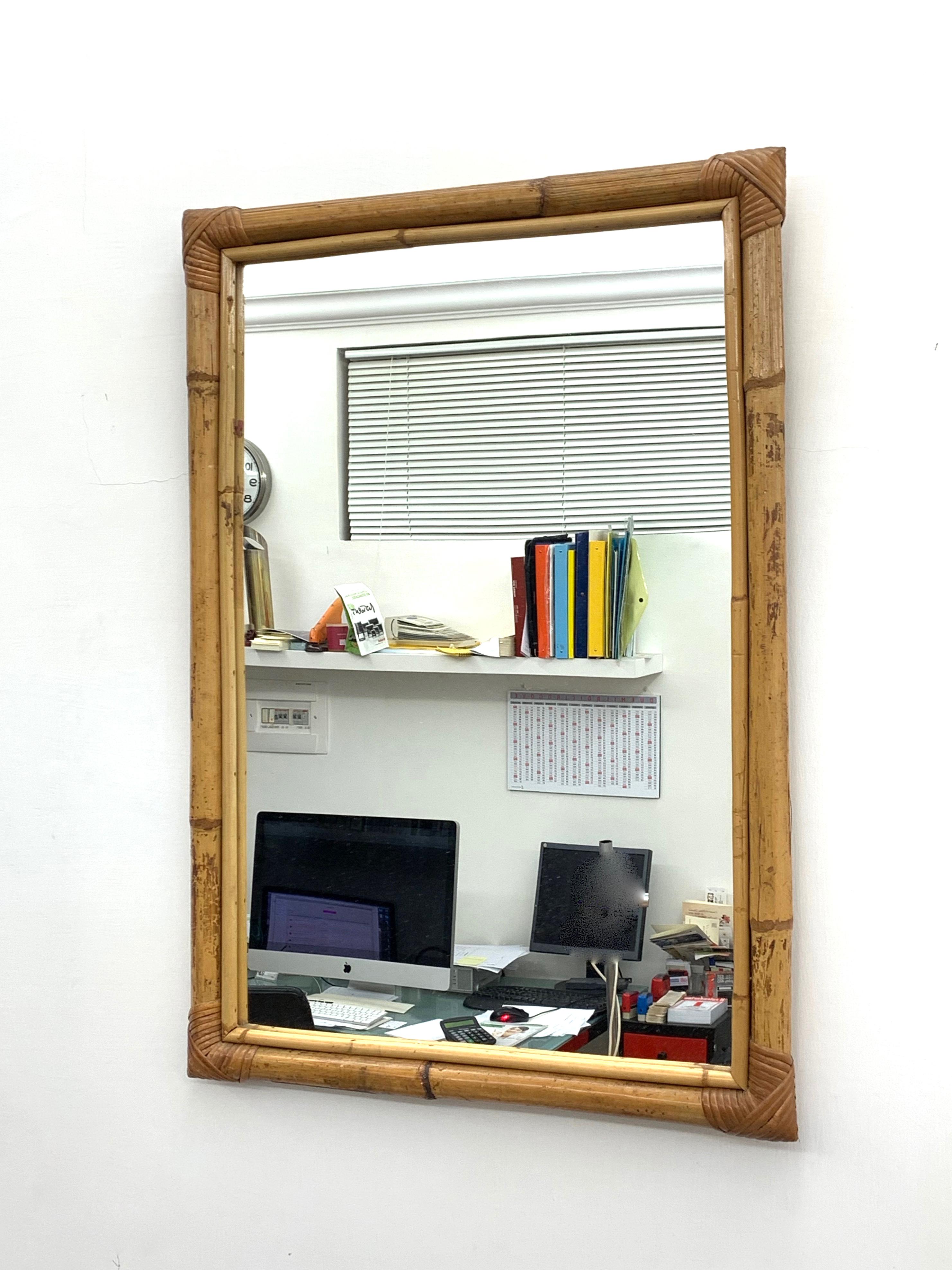 20th Century Rectangular Mirror with Bamboo Wicker Woven Frame from the 1970s, Italy