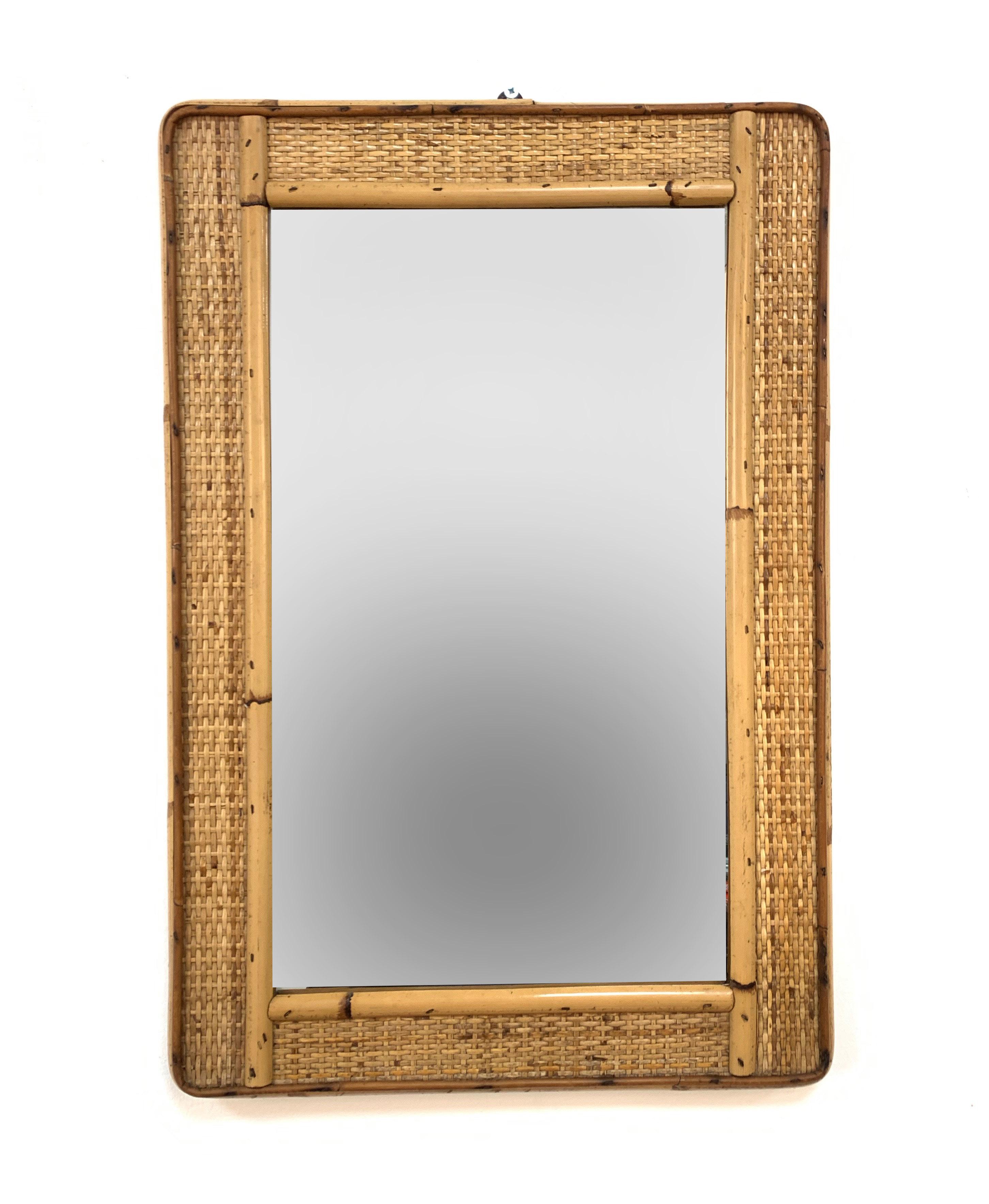 Rectangular Mirror with Bamboo Wicker Woven Frame from the 1970s, Italy In Fair Condition For Sale In Roma, IT