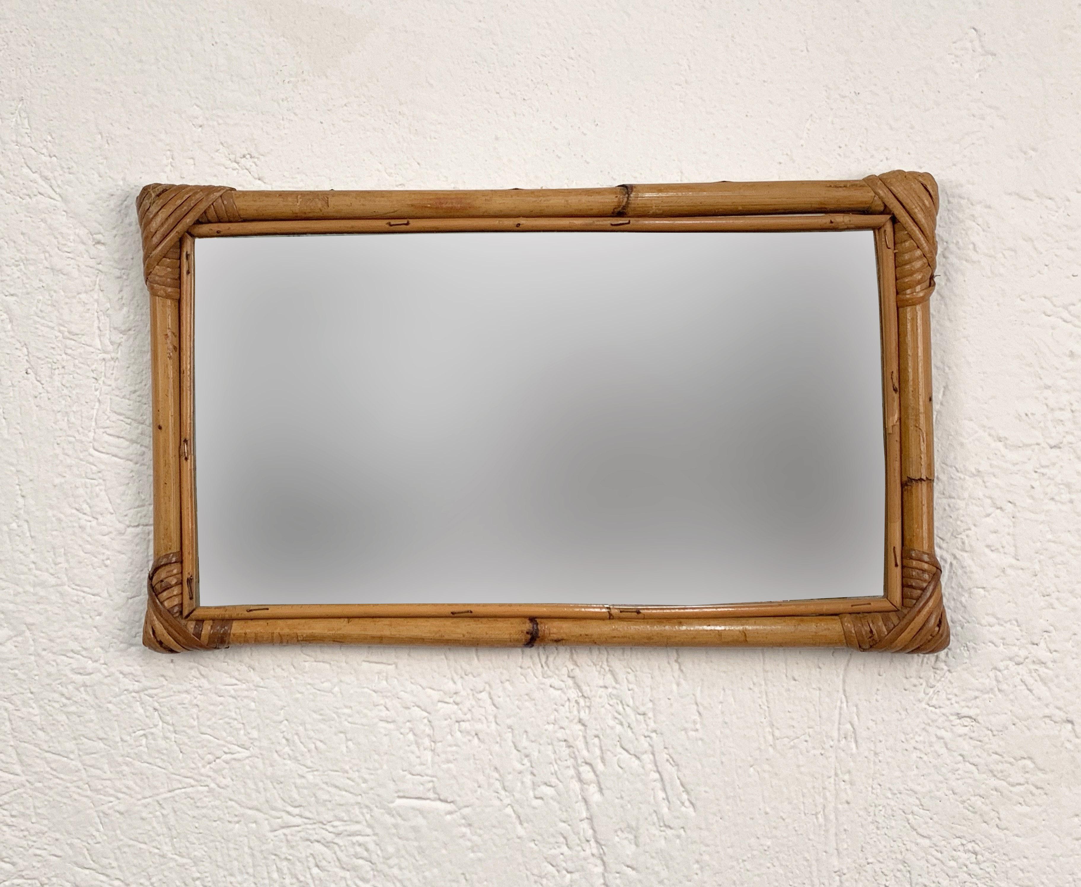 Rectangular Mirror with Bamboo Wicker Woven Frame from the 1970s, Italy In Good Condition In Roma, IT