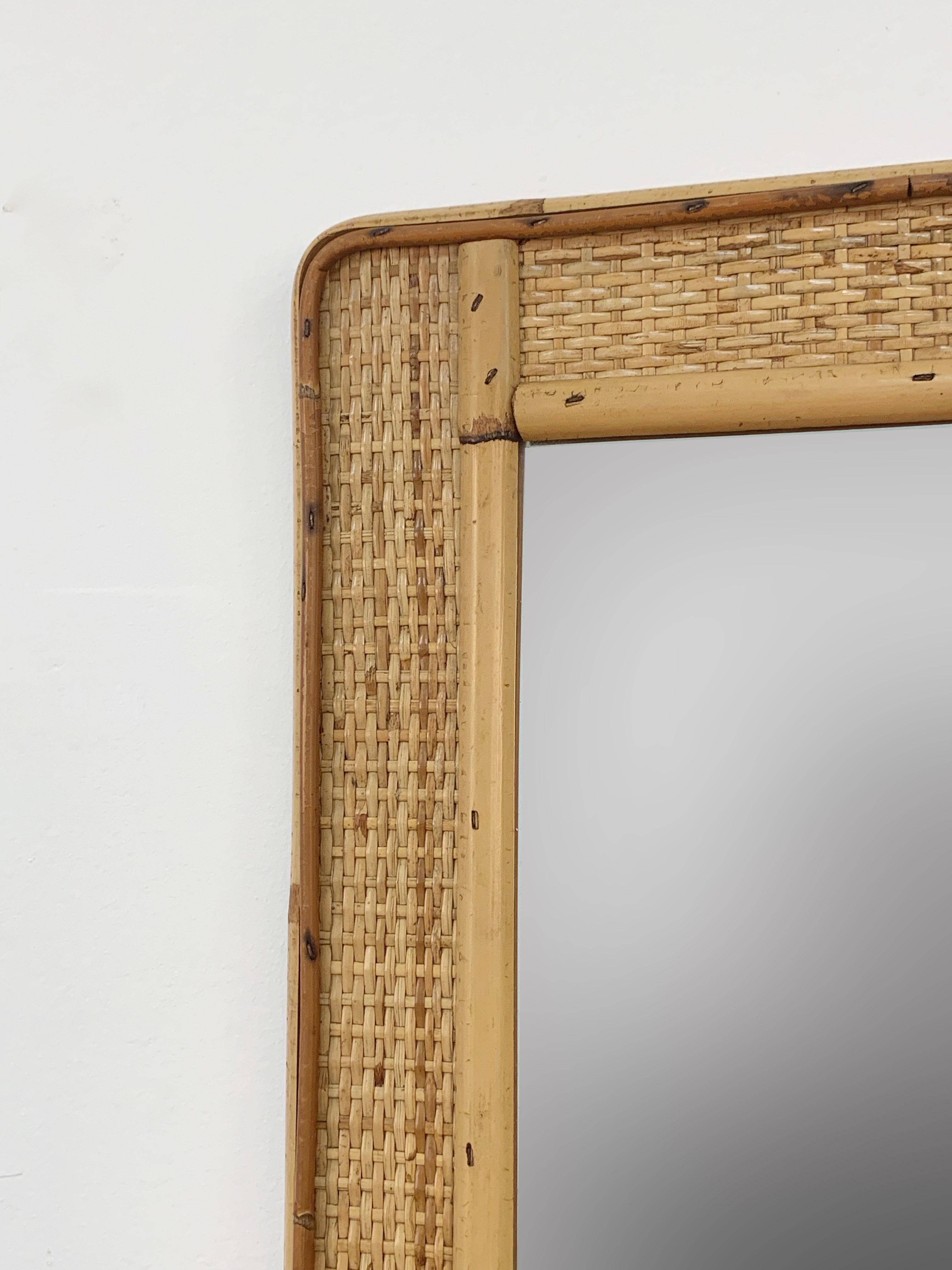 Rectangular Mirror with Bamboo Wicker Woven Frame from the 1970s, Italy For Sale 1