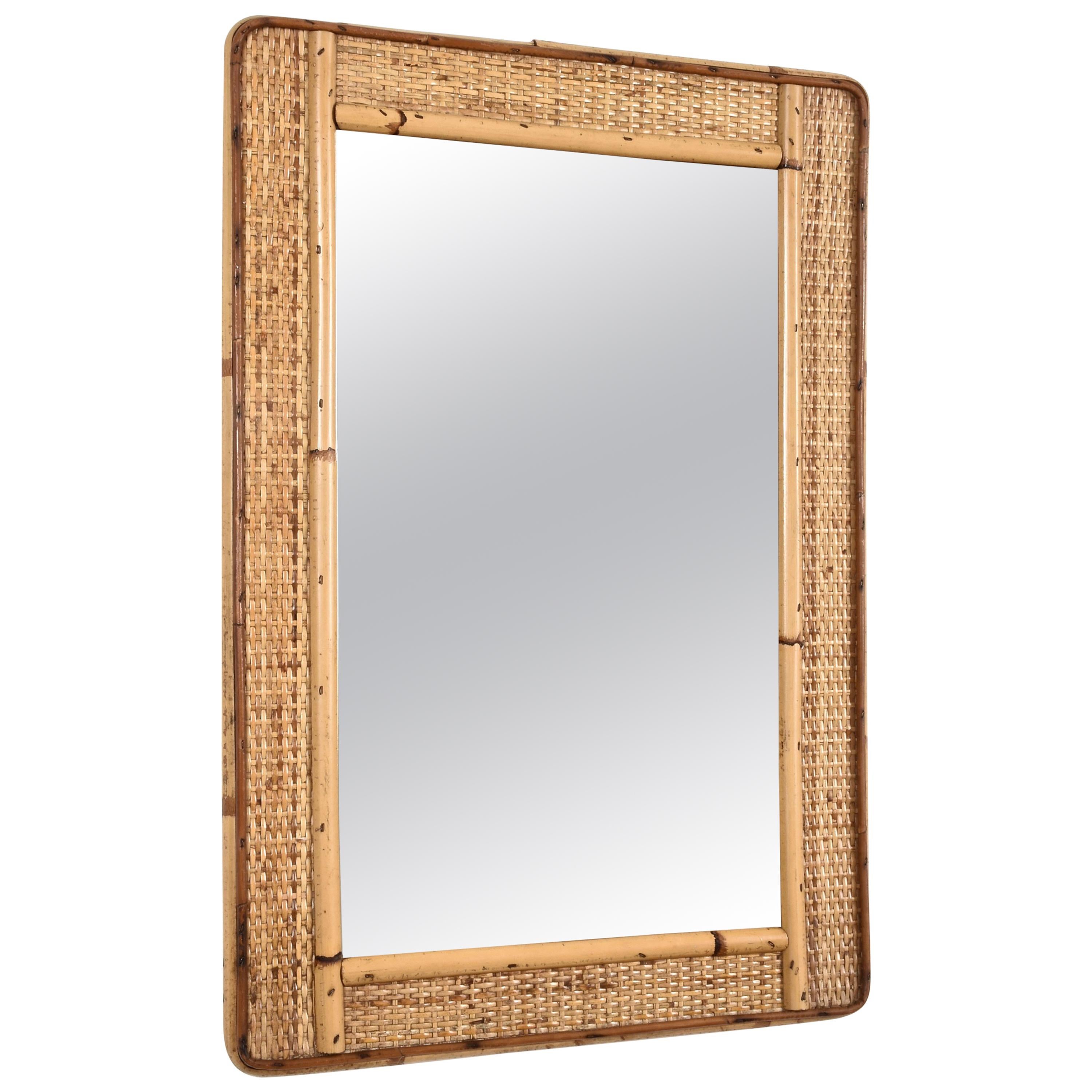 The Rectangular Mirror with Bamboo Wicker Woven Frame from the 1970s, Italy