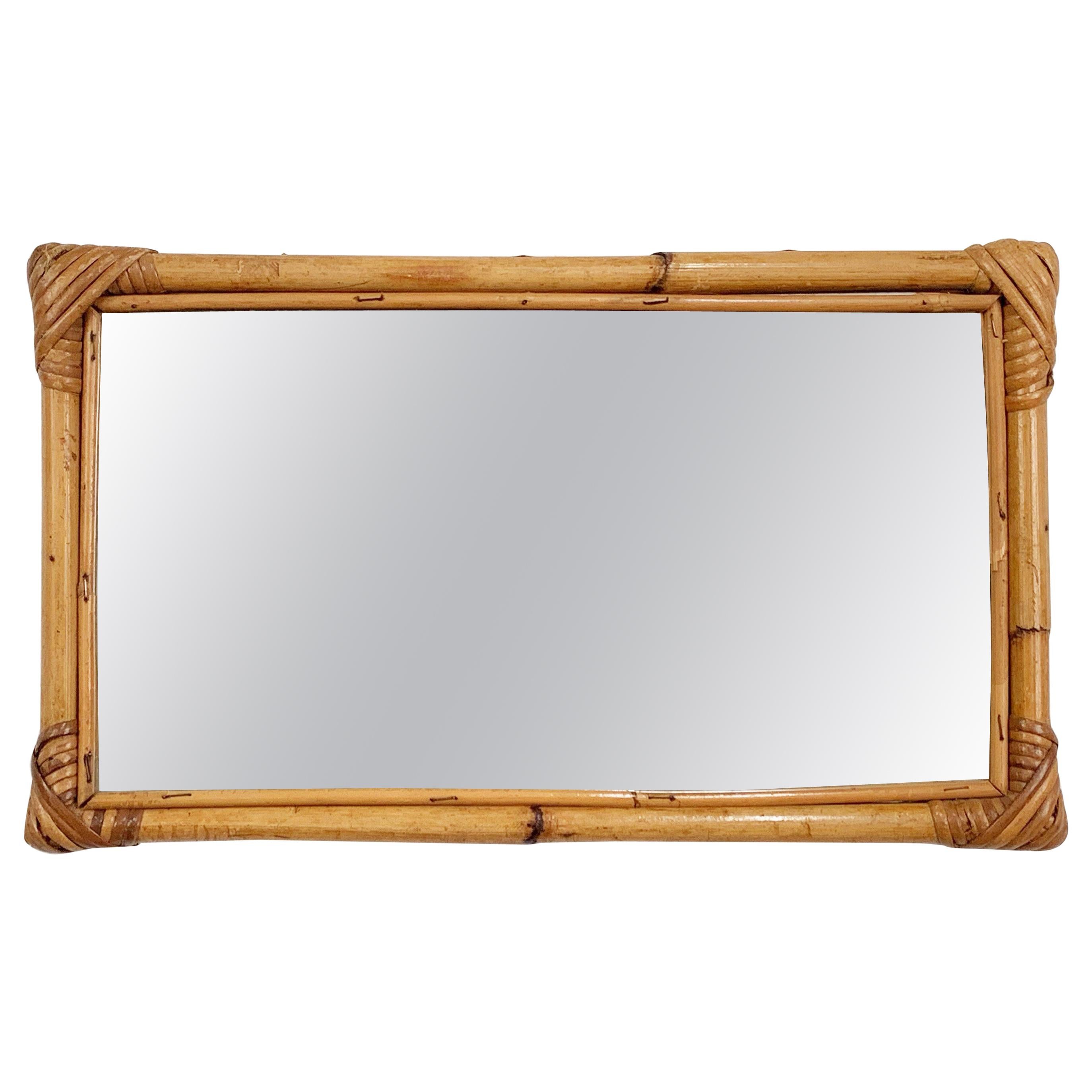 Rectangular Mirror with Bamboo Wicker Woven Frame from the 1970s, Italy