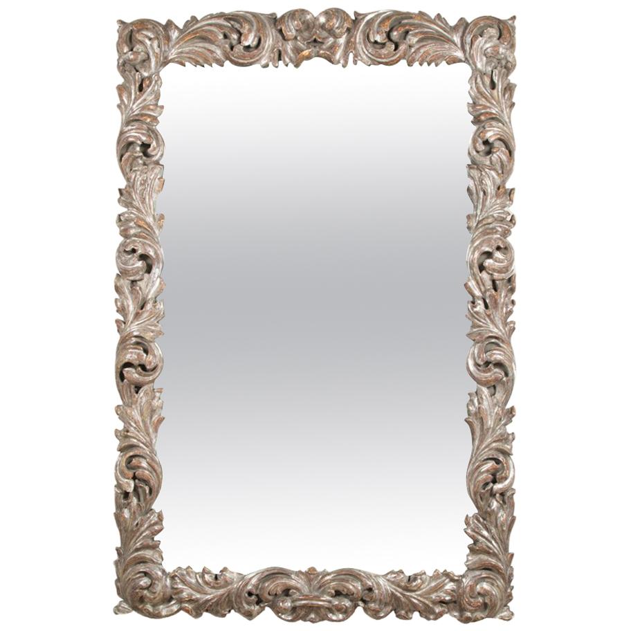 Rectangular Mirror with Carved Wood and Silver Gilt Frame For Sale