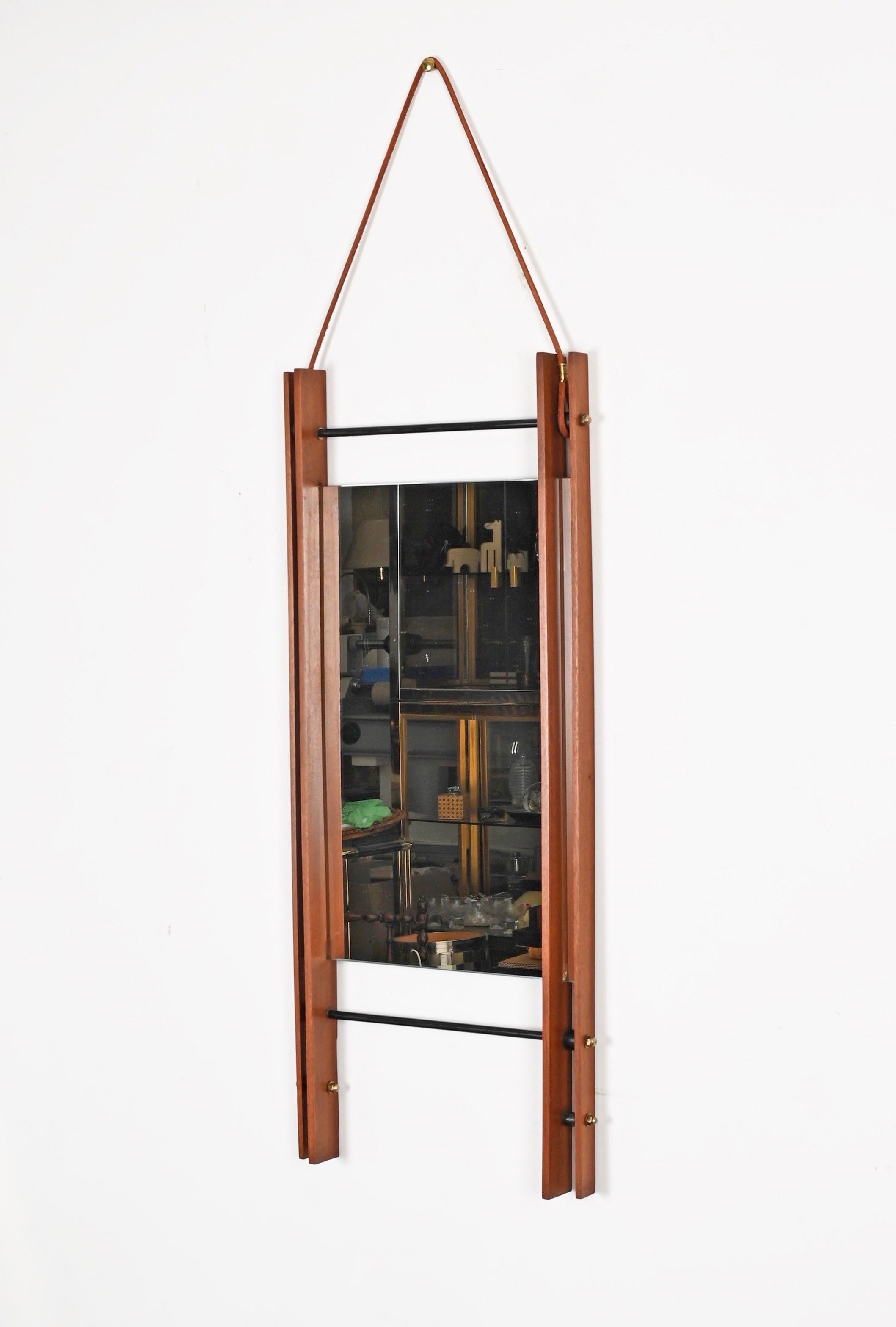 Rectangular Mirror with Double Teak Frame, Leather and Brass, Italy, 1970s For Sale 5