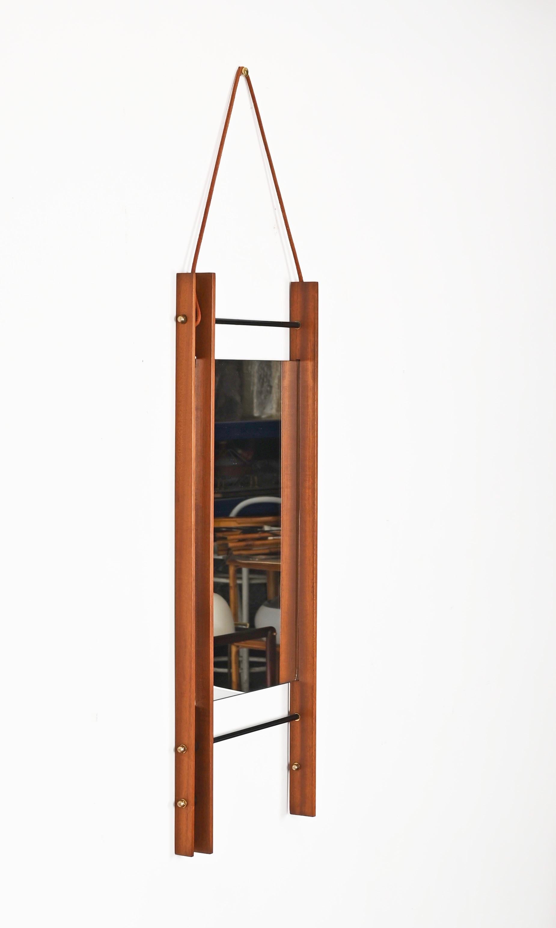 Mid-Century Modern Rectangular Mirror with Double Teak Frame, Leather and Brass, Italy, 1970s For Sale