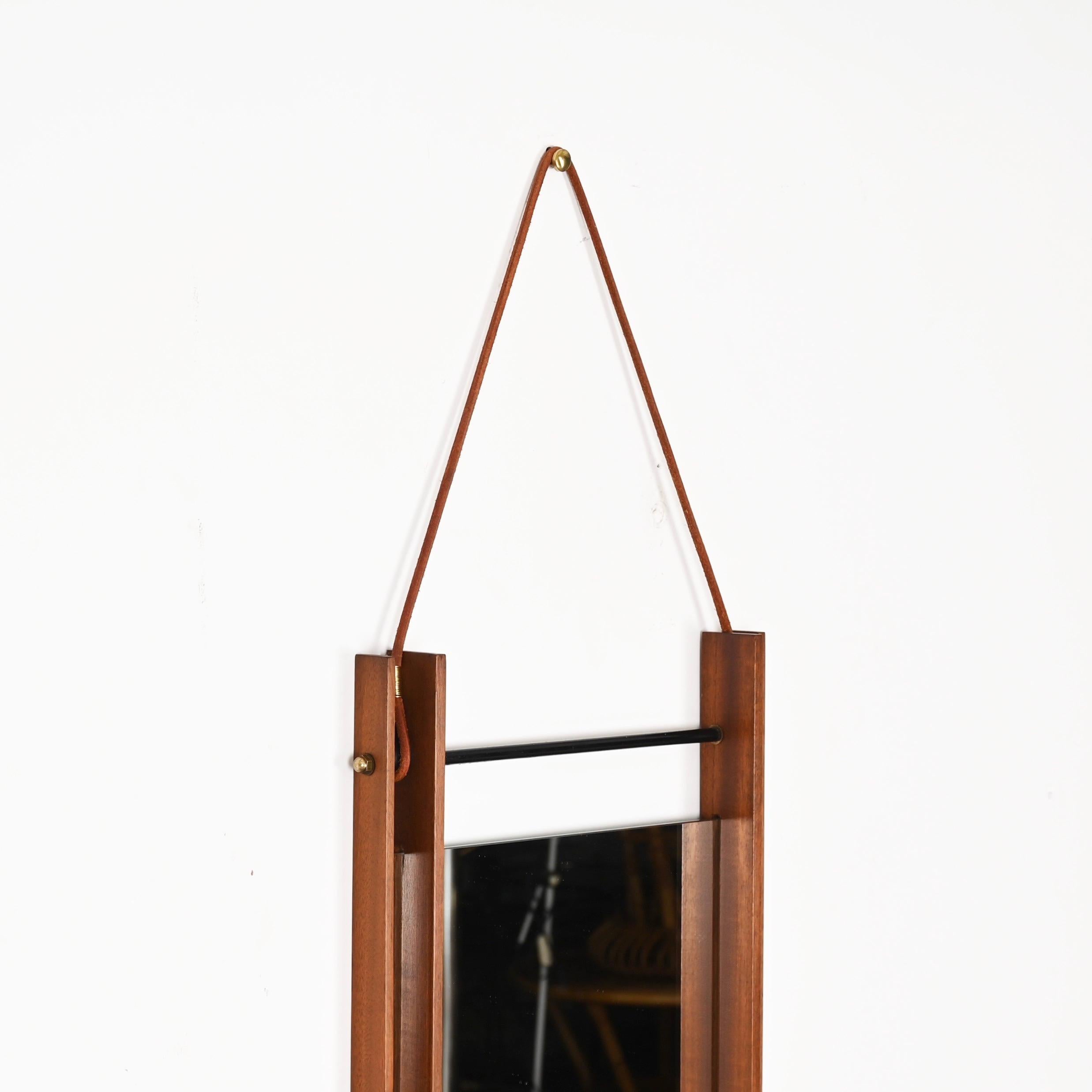 Enameled Rectangular Mirror with Double Teak Frame, Leather and Brass, Italy, 1970s For Sale