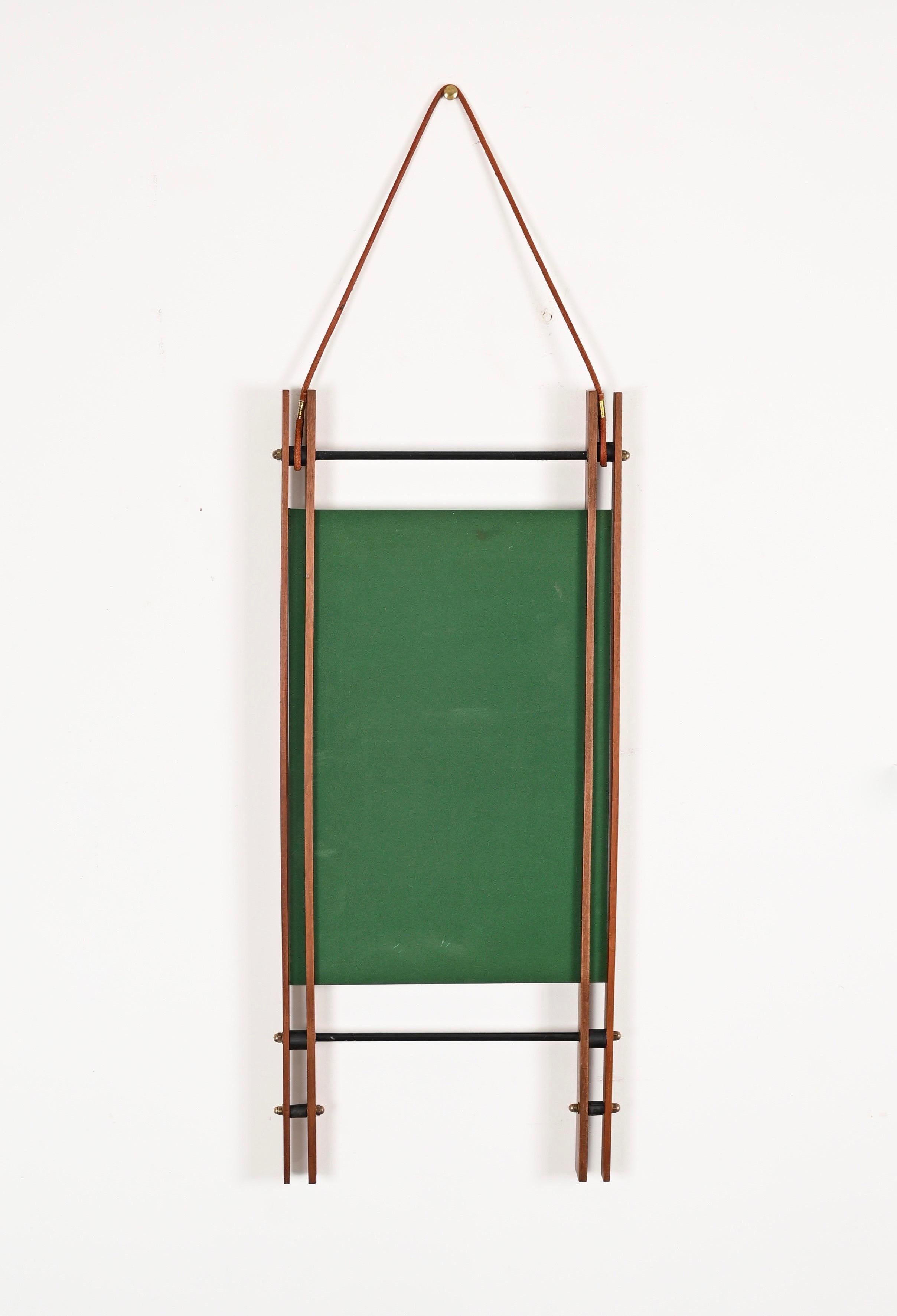20th Century Rectangular Mirror with Double Teak Frame, Leather and Brass, Italy, 1970s For Sale