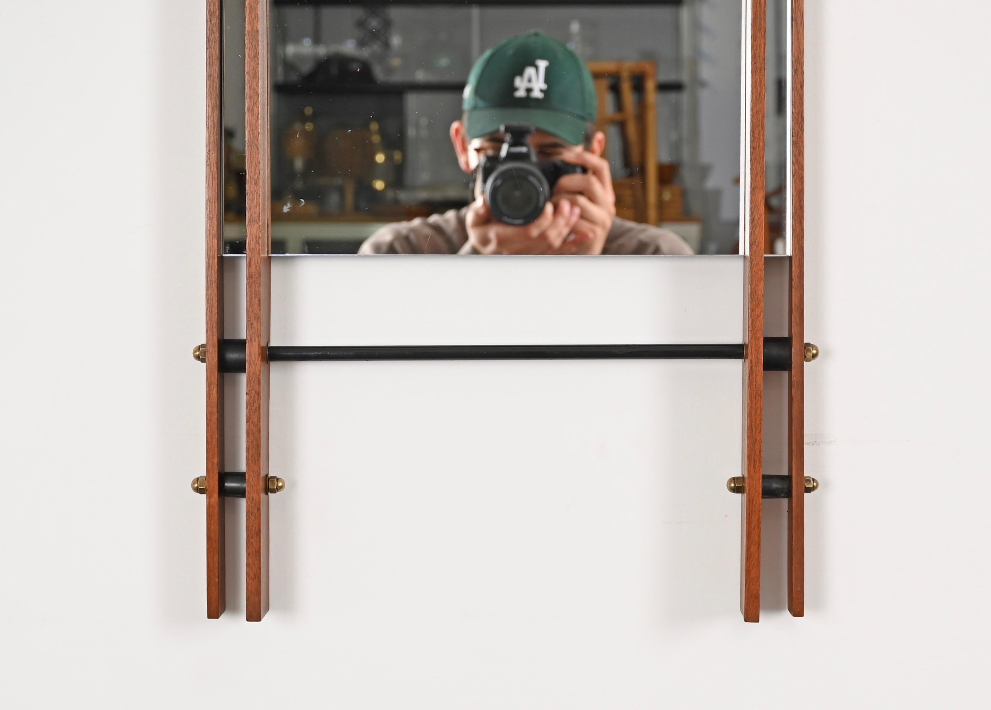 Metal Rectangular Mirror with Double Teak Frame, Leather and Brass, Italy, 1970s For Sale