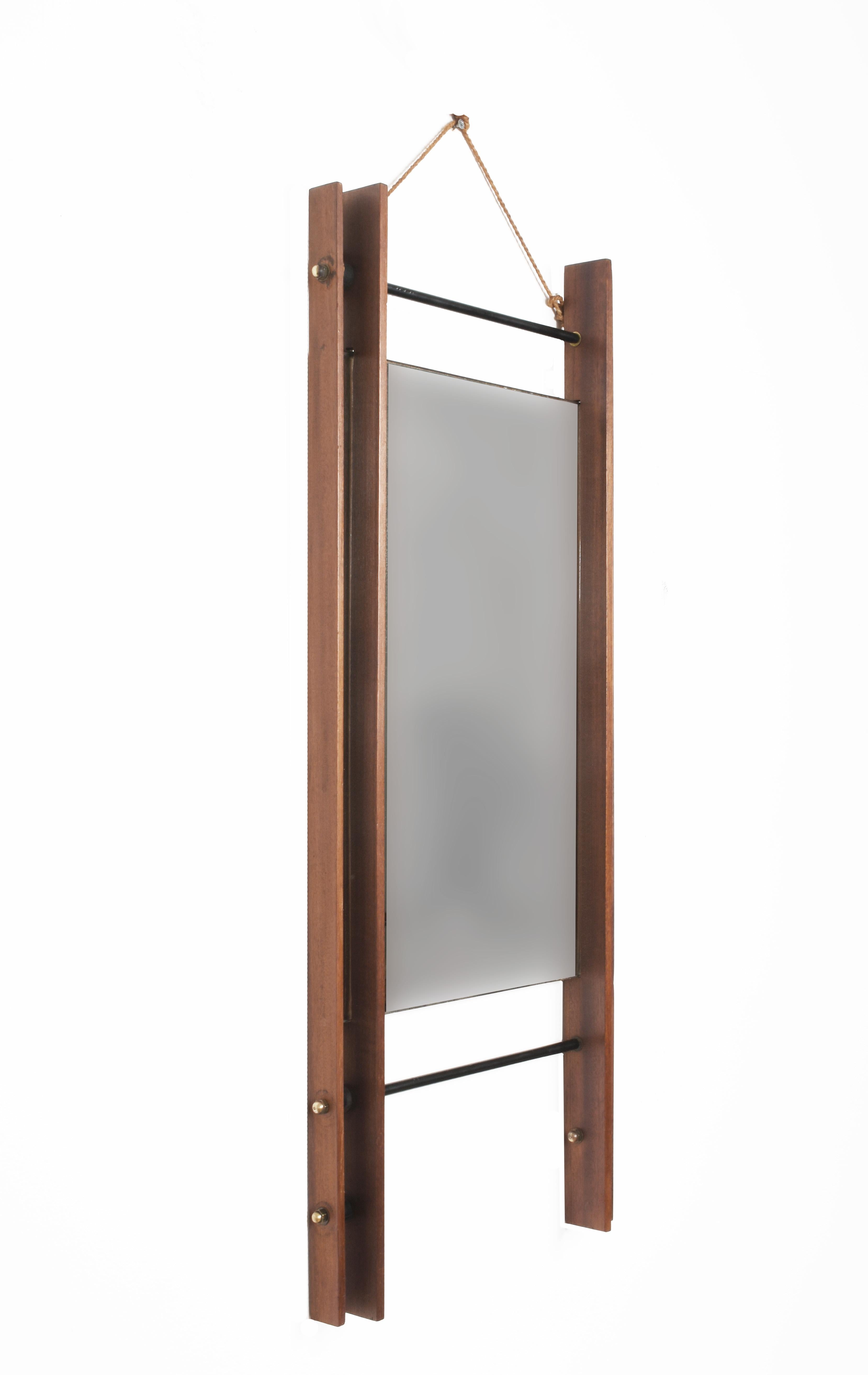 Mid-Century Modern Rectangular Mirror with Double Teak Frame, Wall Mirror, Italy, 1950s