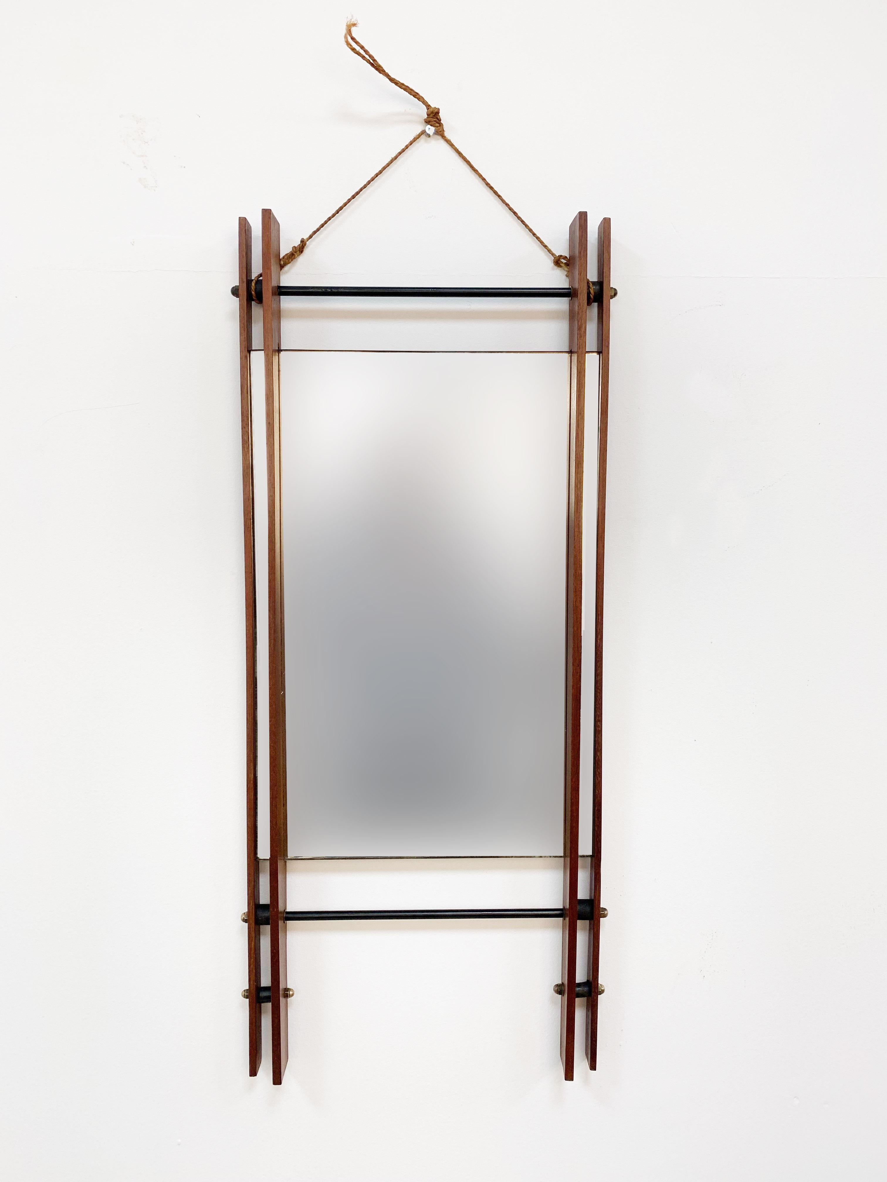 Rope Rectangular Mirror with Double Teak Frame, Wall Mirror, Italy, 1950s