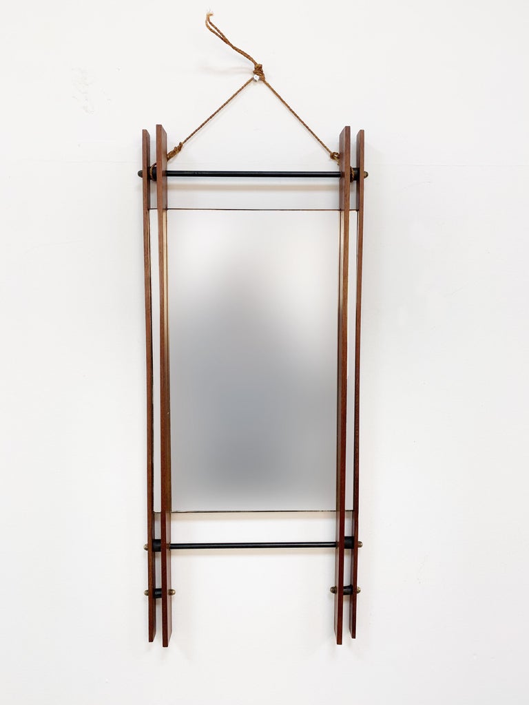 Metal Rectangular Mirror with Double Teak Frame, Wall Mirror, Italy, 1950s For Sale