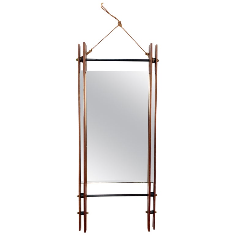 Rectangular Mirror with Double Teak Frame, Wall Mirror, Italy, 1950s For Sale
